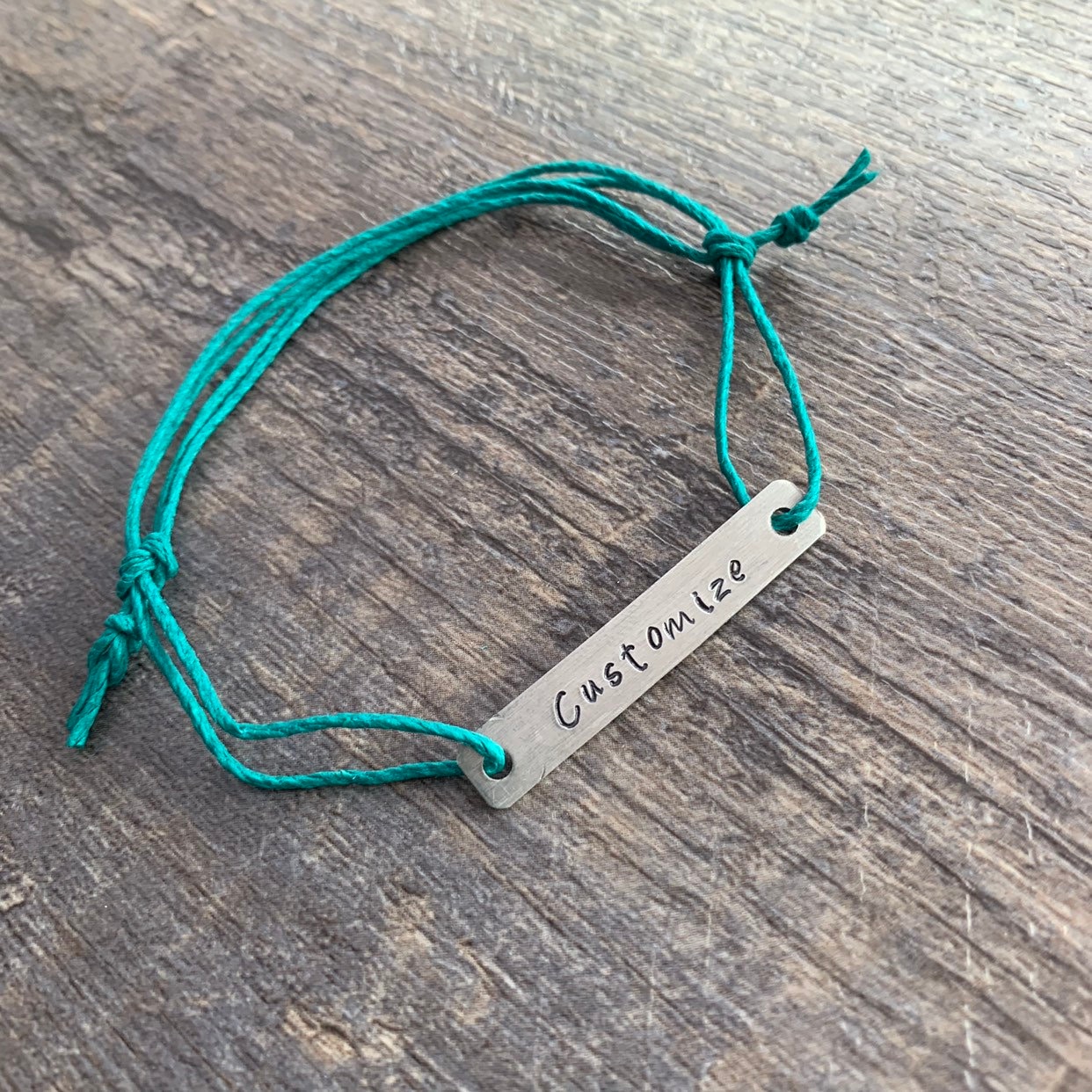Custom Hand Stamped Aluminum Rectangular Charm with Hemp Cord Bracelet