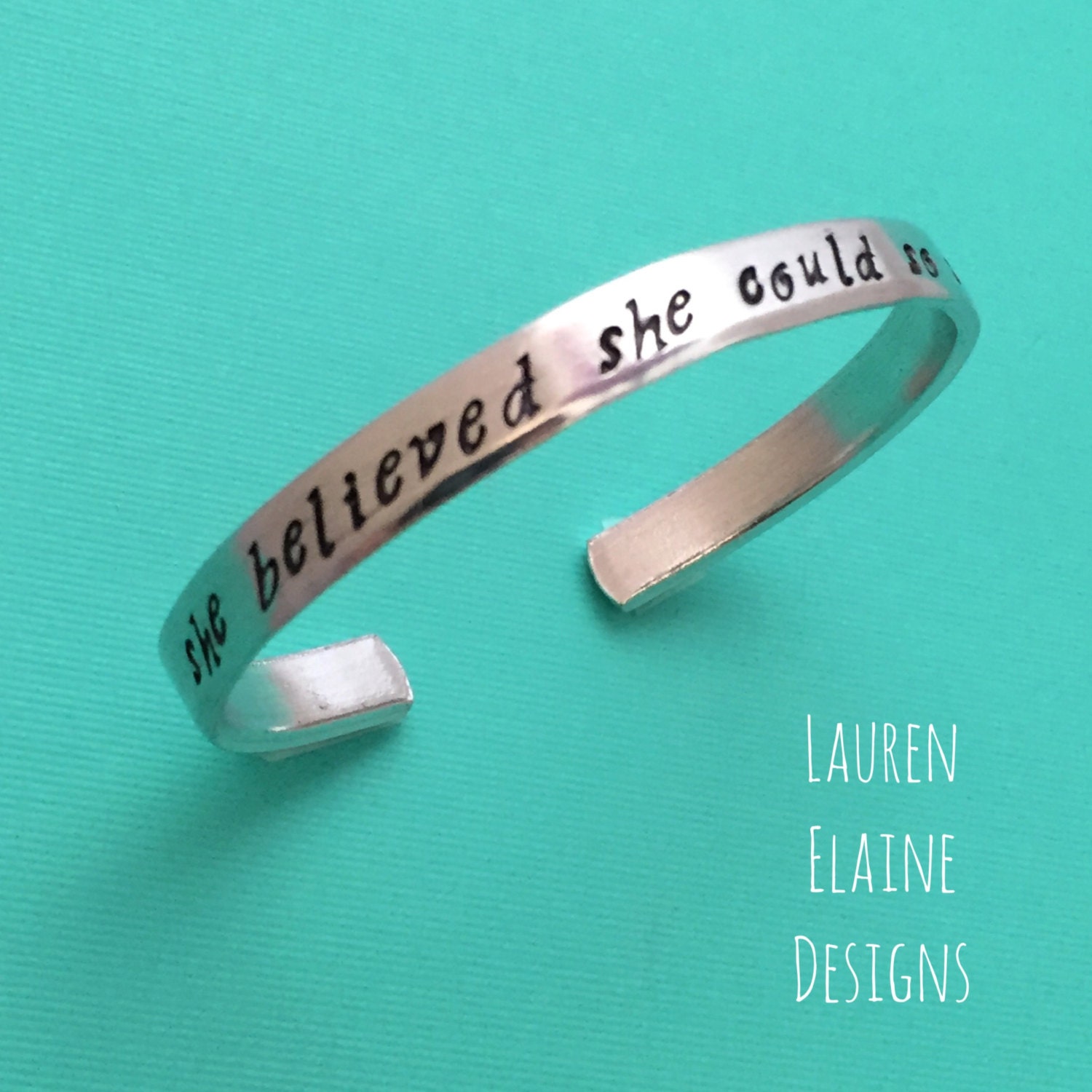 Hand Stamped Cuff Bracelet: "She Believed She Could" - Aluminum, Brass, Copper, Sterling Silver, view 3