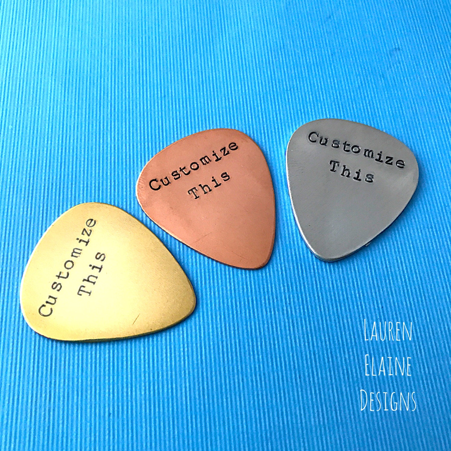 Custom Hand Stamped Guitar Pick: Personalized Brass, Aluminum, or Copper, view 2