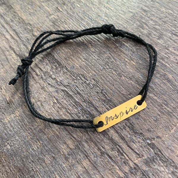 Custom Hand Stamped Brass Rectangle Charm Hemp Bracelet- (Pick your own Color and Phrase)