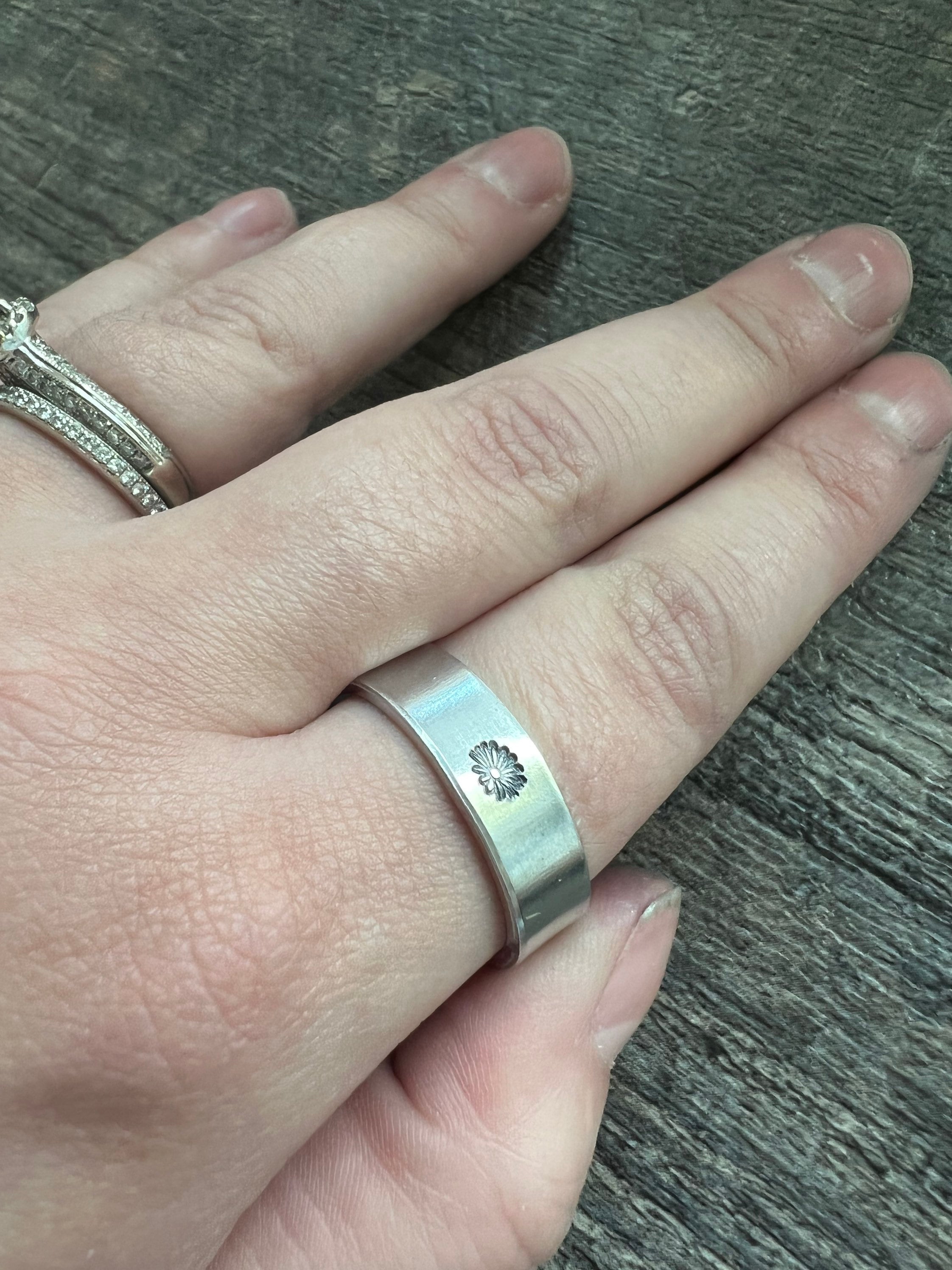 Birth Flower Hand Stamped Skinny Aluminum Ring, view 2