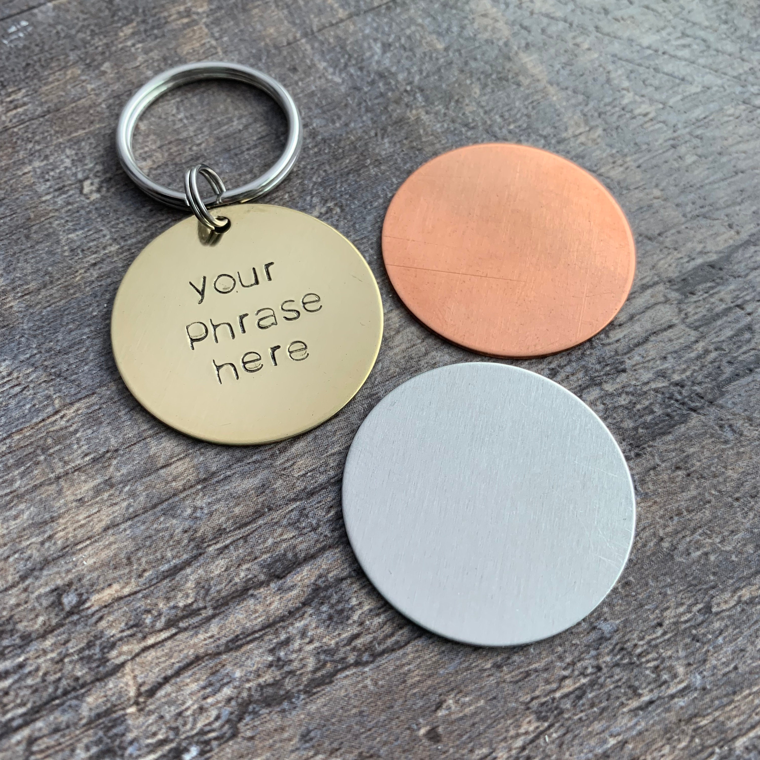 Custom Hand Stamped 1.25" Circle Keychains- You Personalize- In Aluminum, Brass, or Copper, view 3