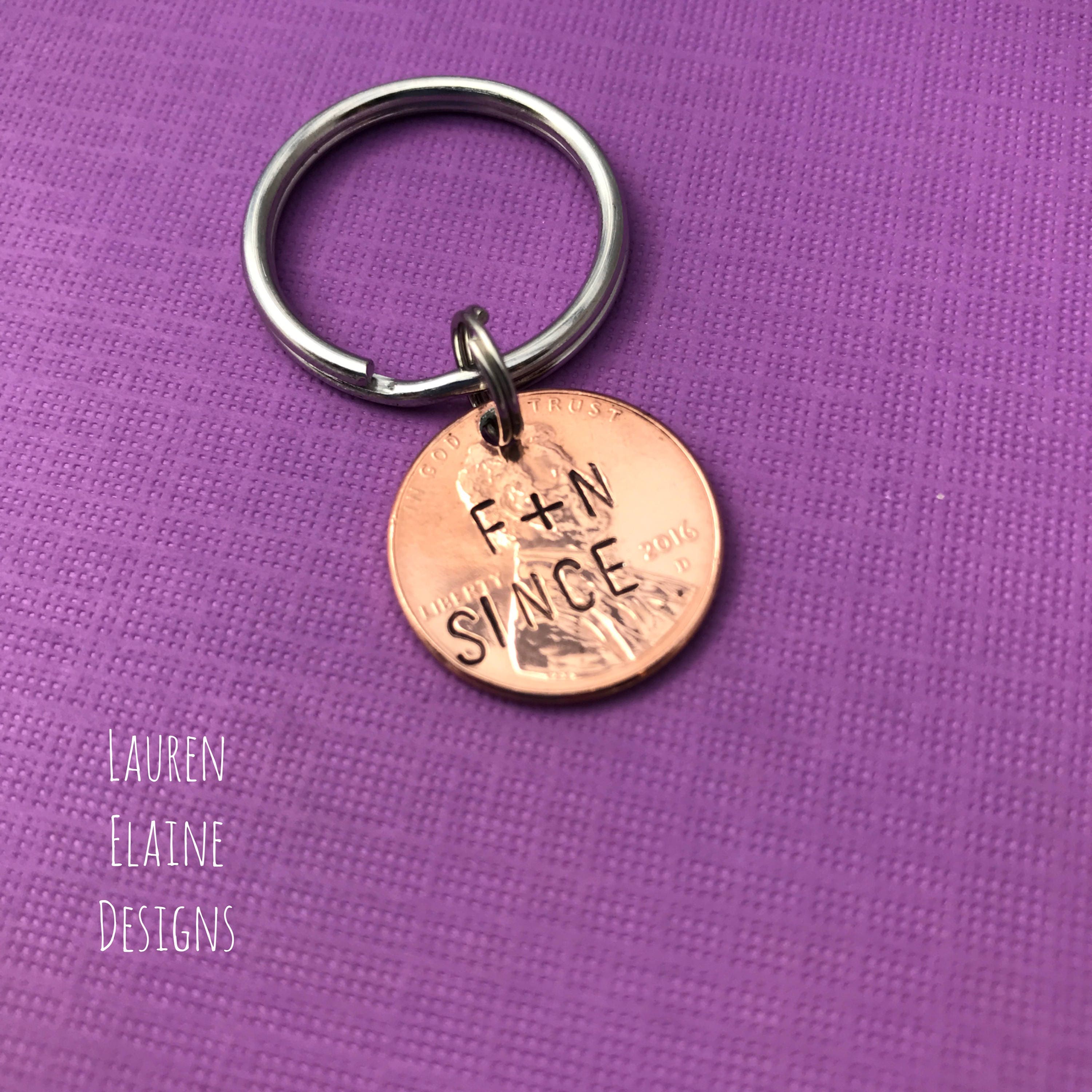 Personalized Couple Initials & "Since" Year -Hand Stamped Lucky Penny Keychain- Anniversary Gift- Choose the Year and Add Initials, view 2