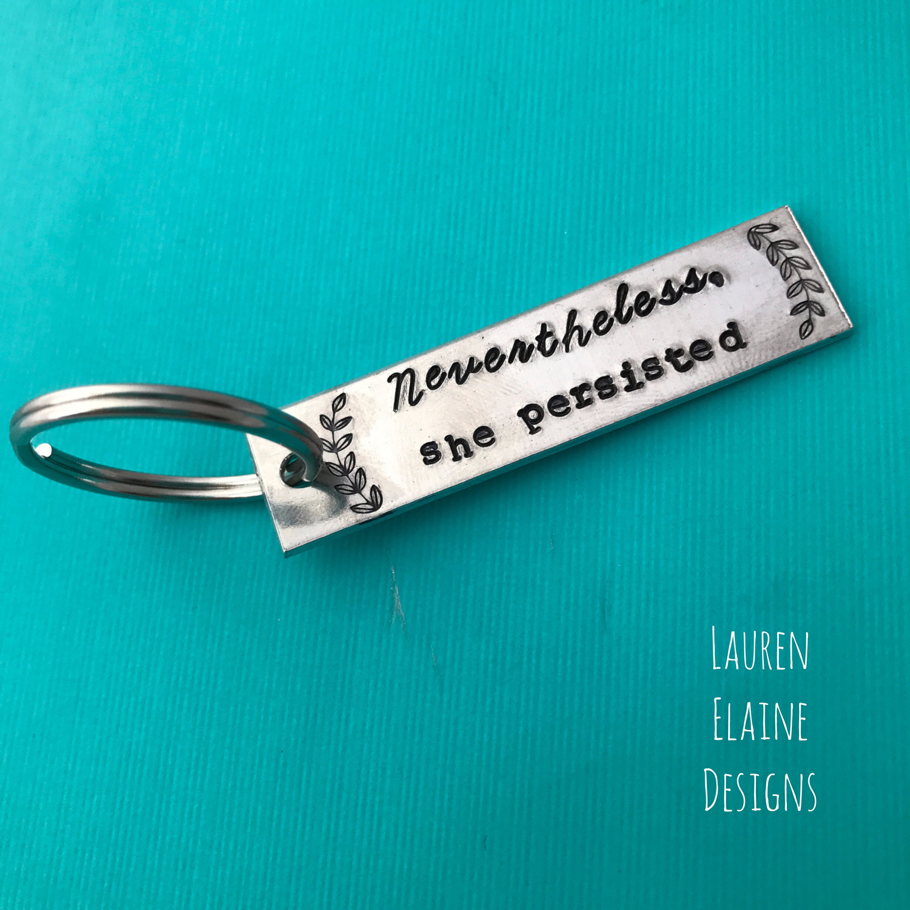 Nevertheless, She Persisted Hand Stamped Aluminum Keychain with Curved Branches, view 2