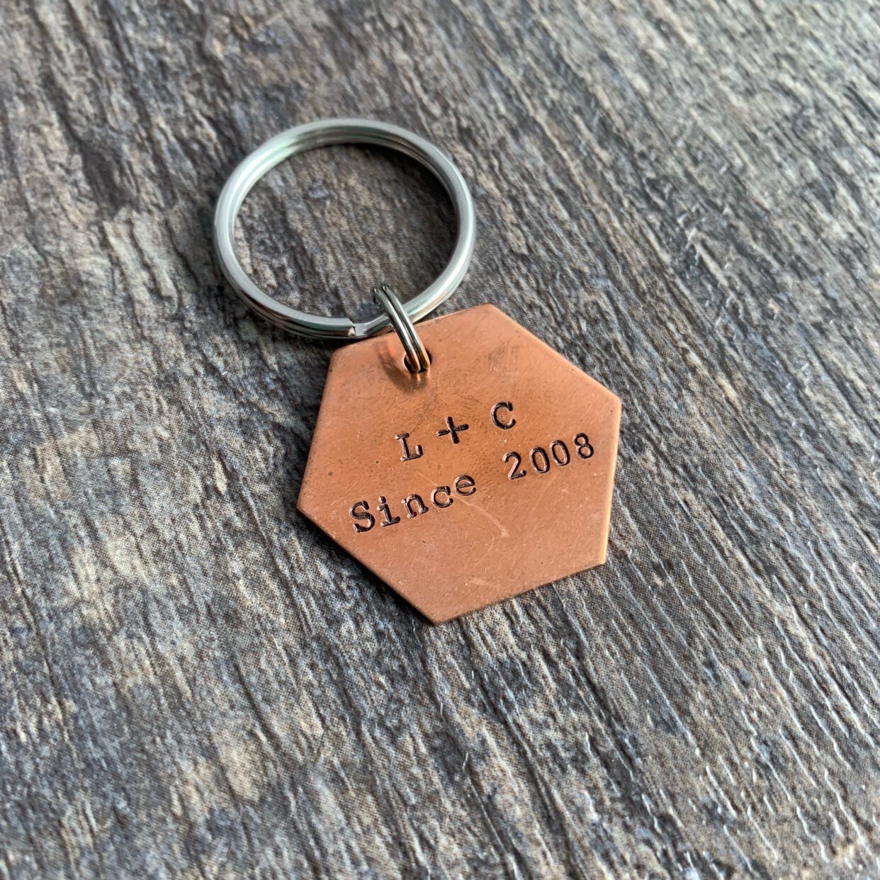 Personalized Hand Stamped 1" Hexagon Geometric Keychains- You Personalize- In Aluminum, Brass, or Copper, view 3