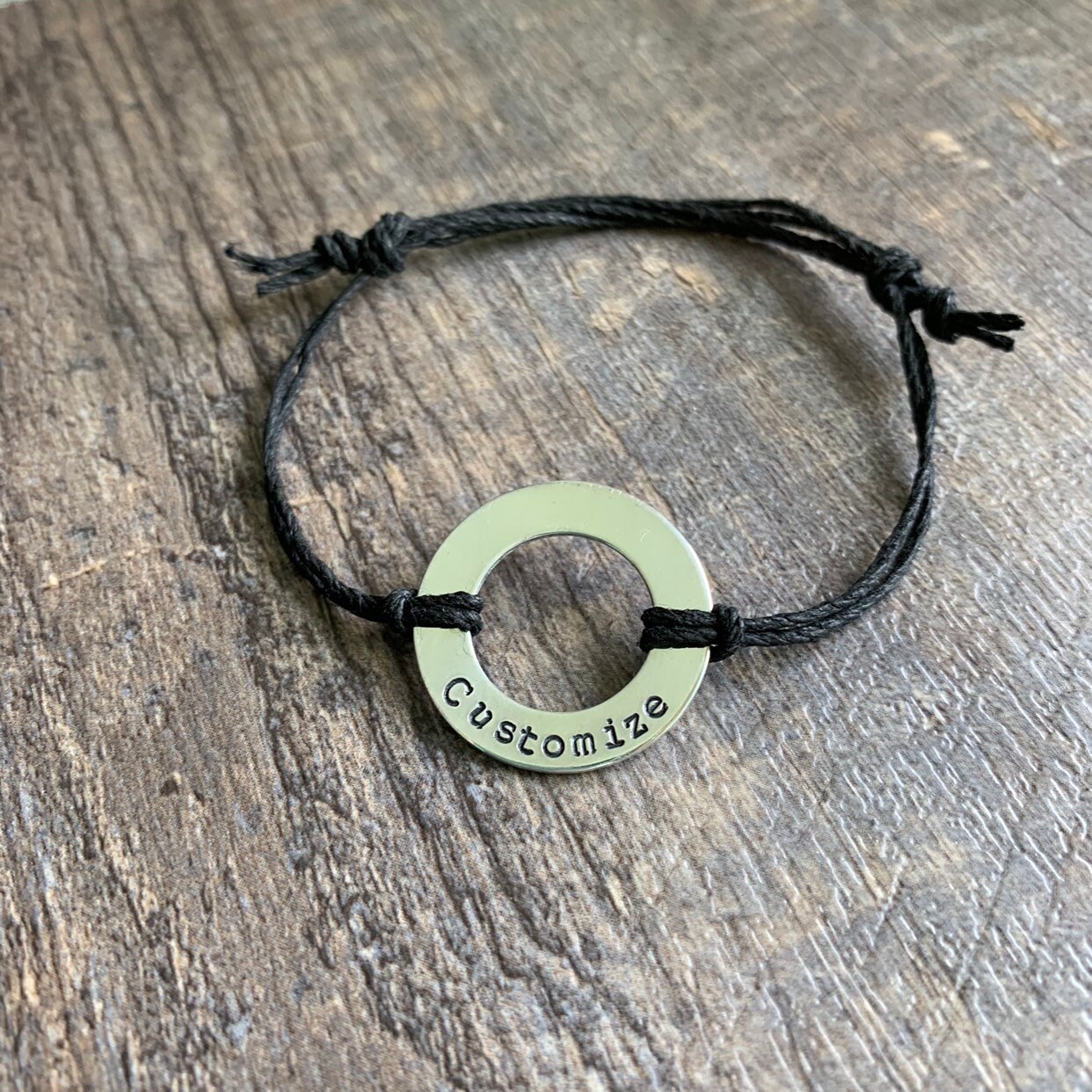 Custom Hand Stamped Aluminum Washer Hemp Bracelet- Choose Color and Font, view 2