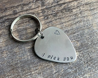 Hand Stamped Guitar Pick Keychain: Personalized Musician Gift