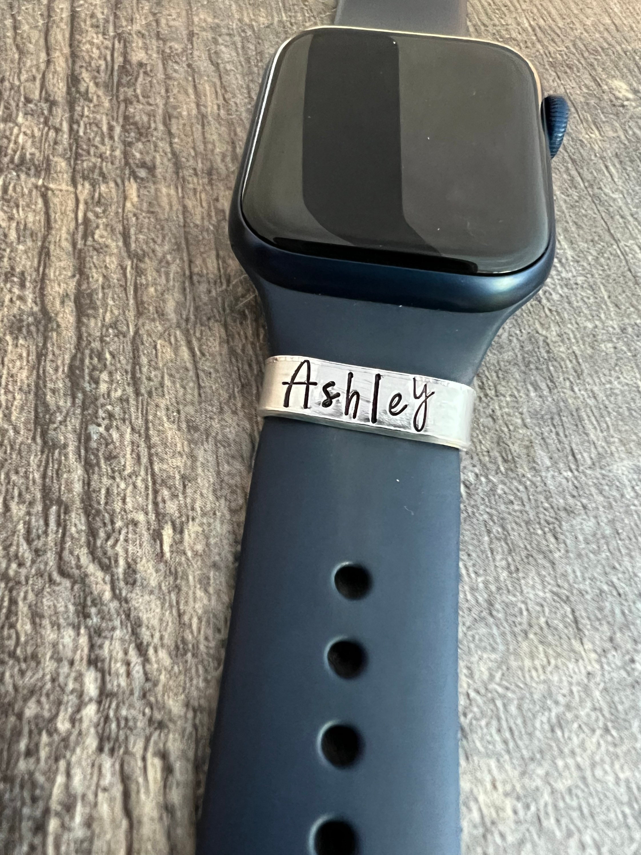 Hand Stamped Watch Band Charm Tag: Personalized Aluminum Smartwatch Accessory, view 2