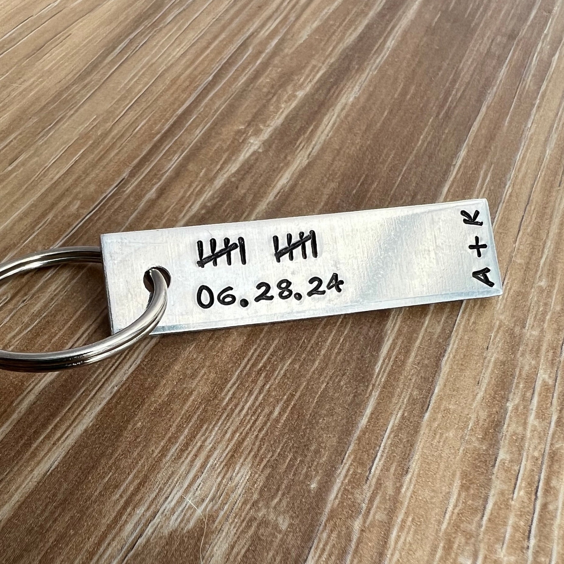 Hand Stamped Aluminum 10 Year Anniversary Keychain: Personalized Date & Initials, view 5
