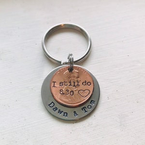 I Still Do Penny Keychain Copper Anniversary Wedding Couples Gift Hand Stamped Circle Charm With Penny You Choose the Year image 5