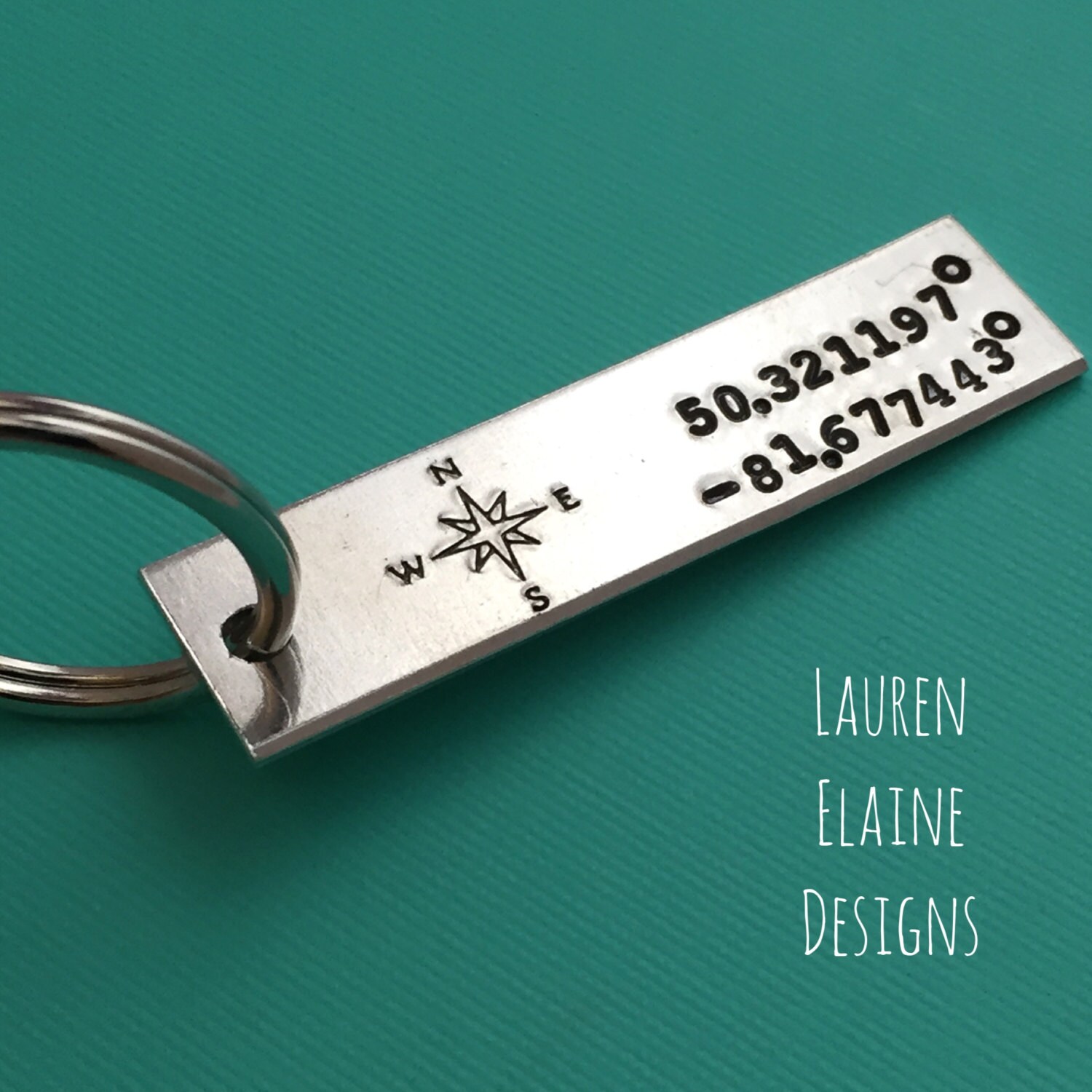 Hand Stamped Latitude Longitude Keychain: Personalized GPS Coordinates, view 2