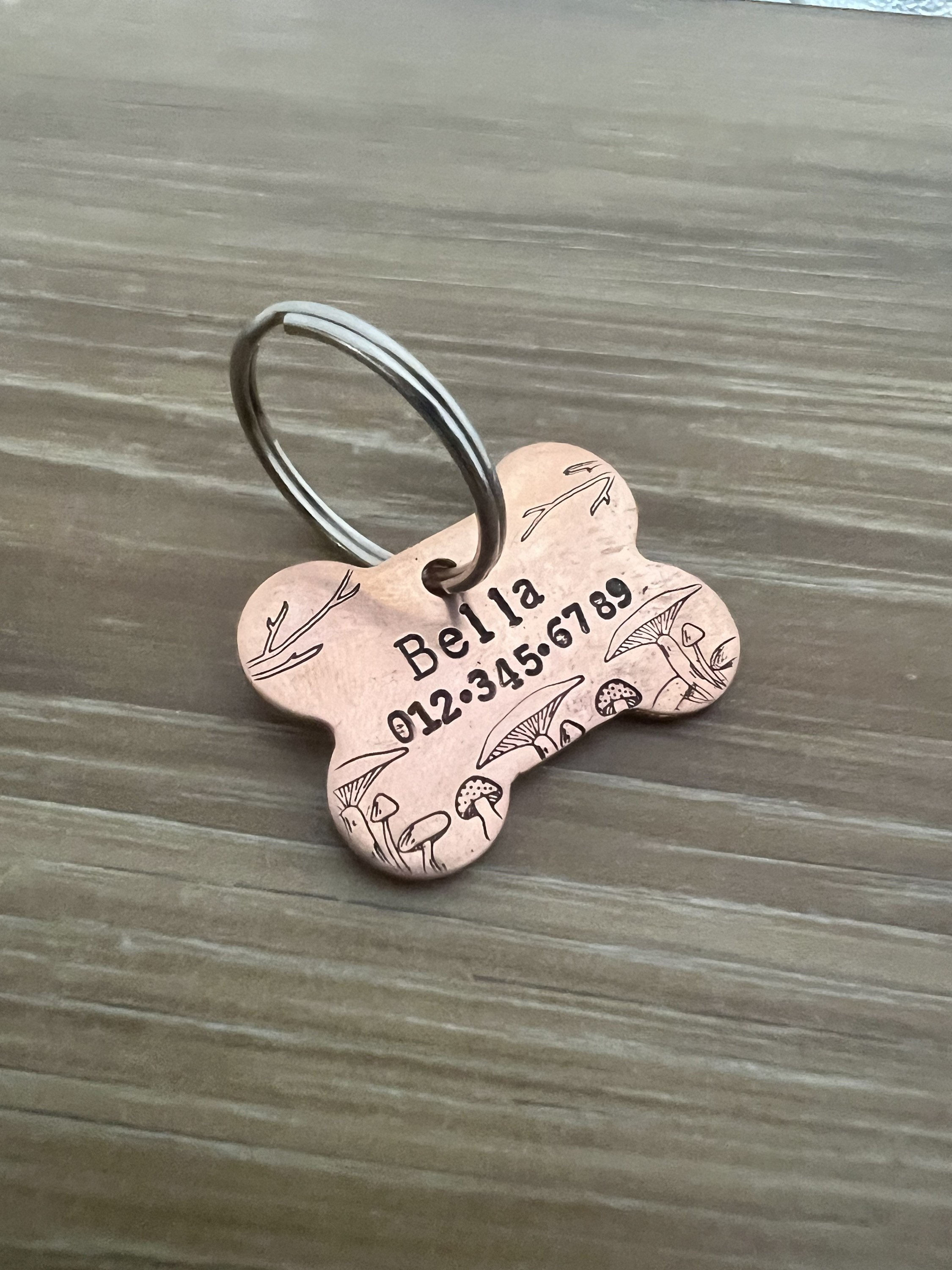 Custom Mushroom Forest Design Brass or Copper Dog Bone Pet ID Tag, view 2