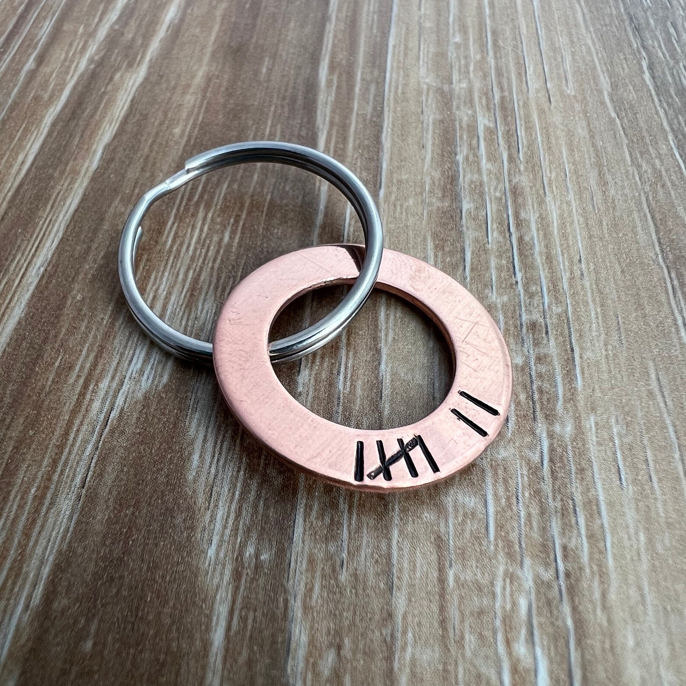 Hand Stamped Copper 7 Year Anniversary Keychain: Tally Mark Gift, view 3