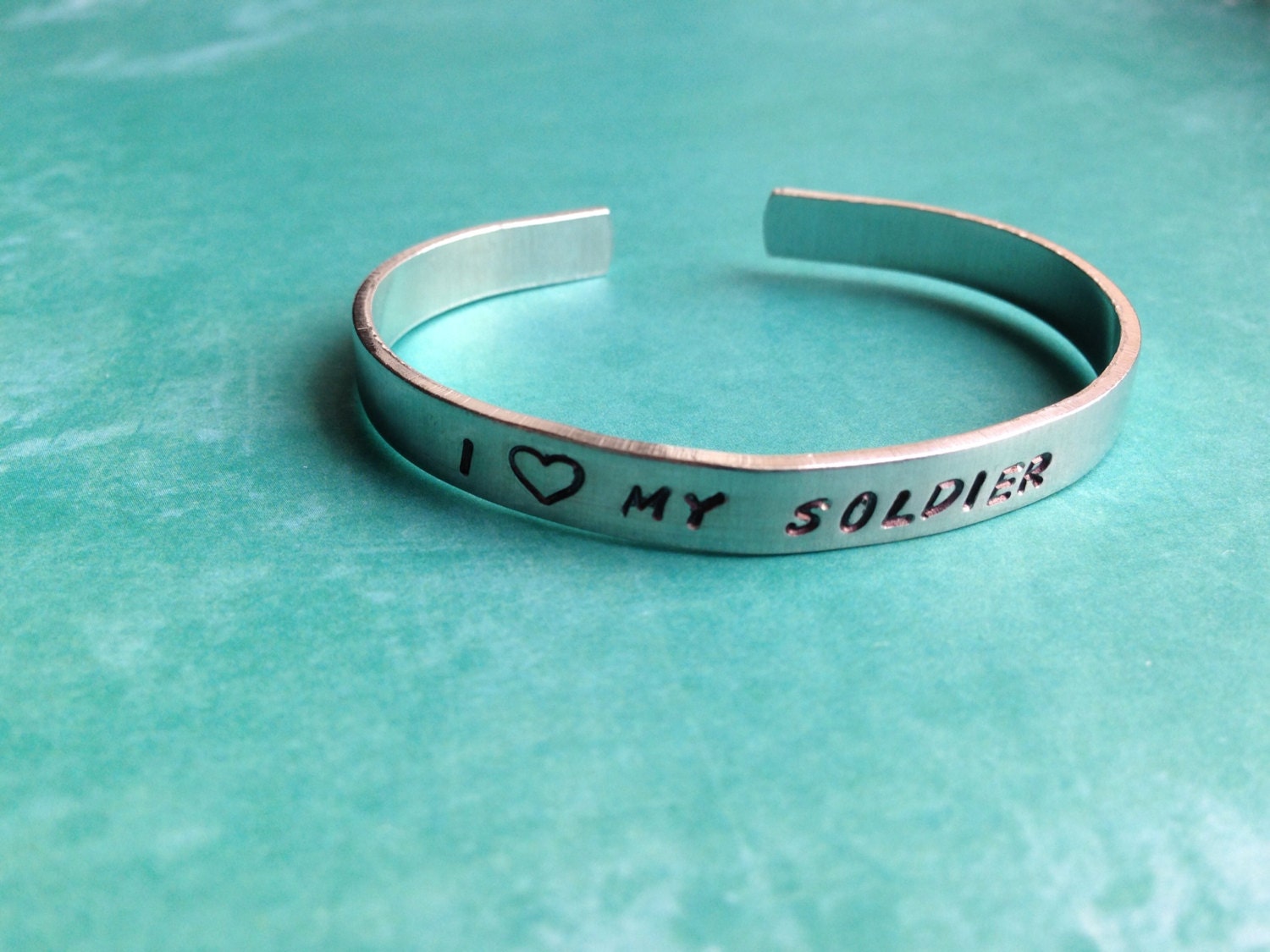 I Love My Soldier Bracelet: Hand Stamped Aluminum Cuff, view 3