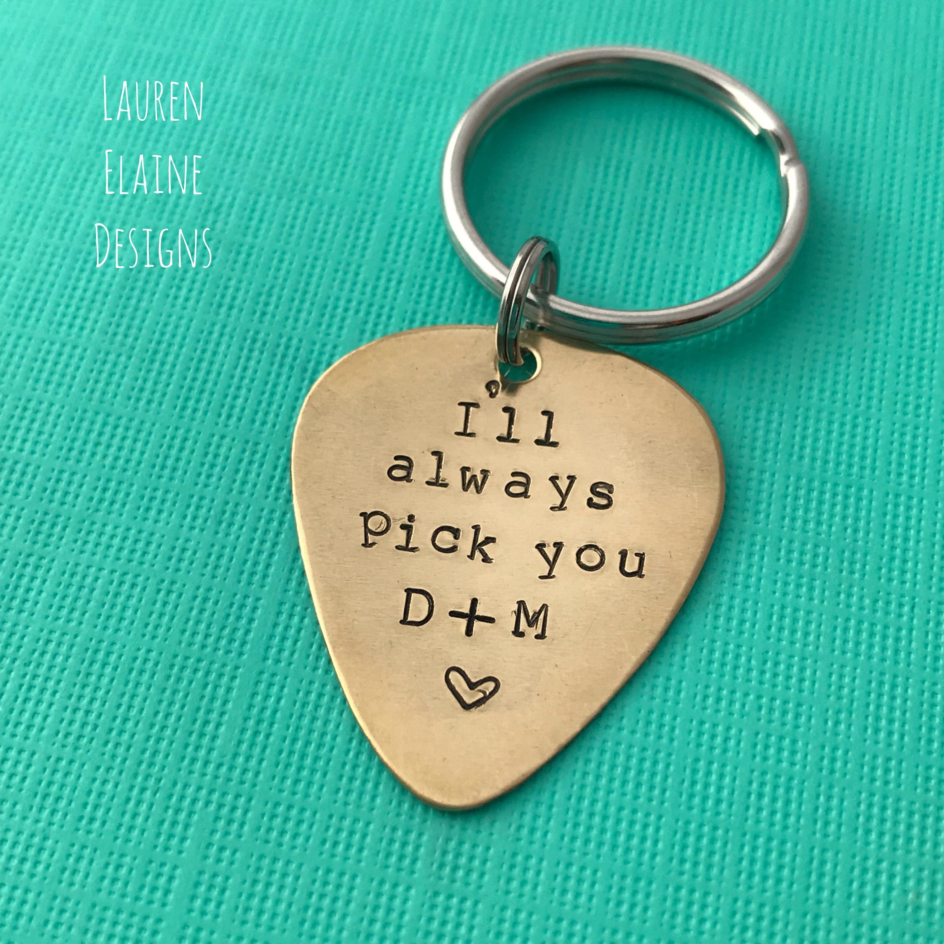 Personalized Guitar Pick Keychain: Hand Stamped Brass, Copper, or Aluminum, view 2