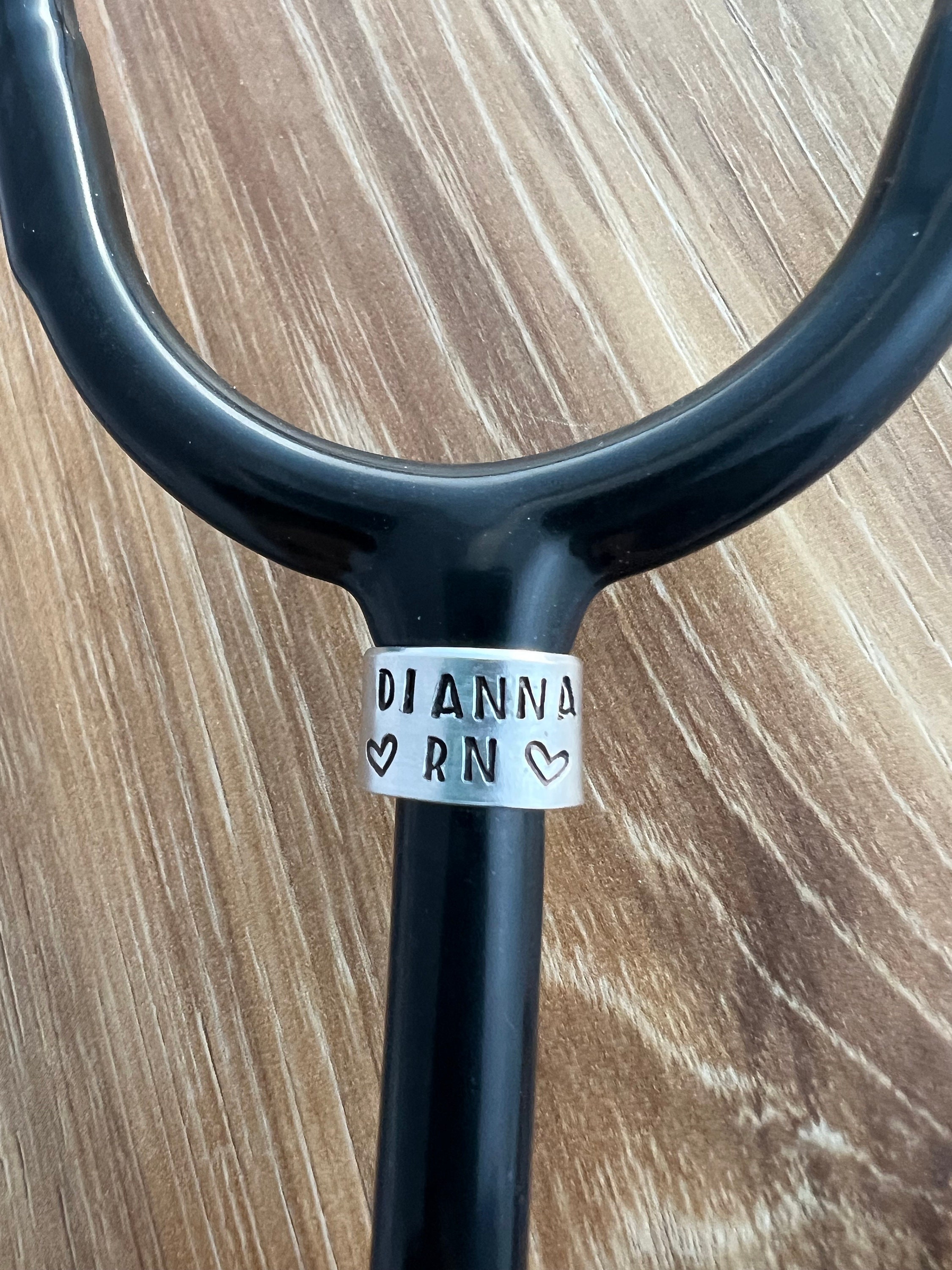Hand Stamped Stethoscope ID Tag: Custom Name, Hearts, Aluminum Nurse Gift, view 3