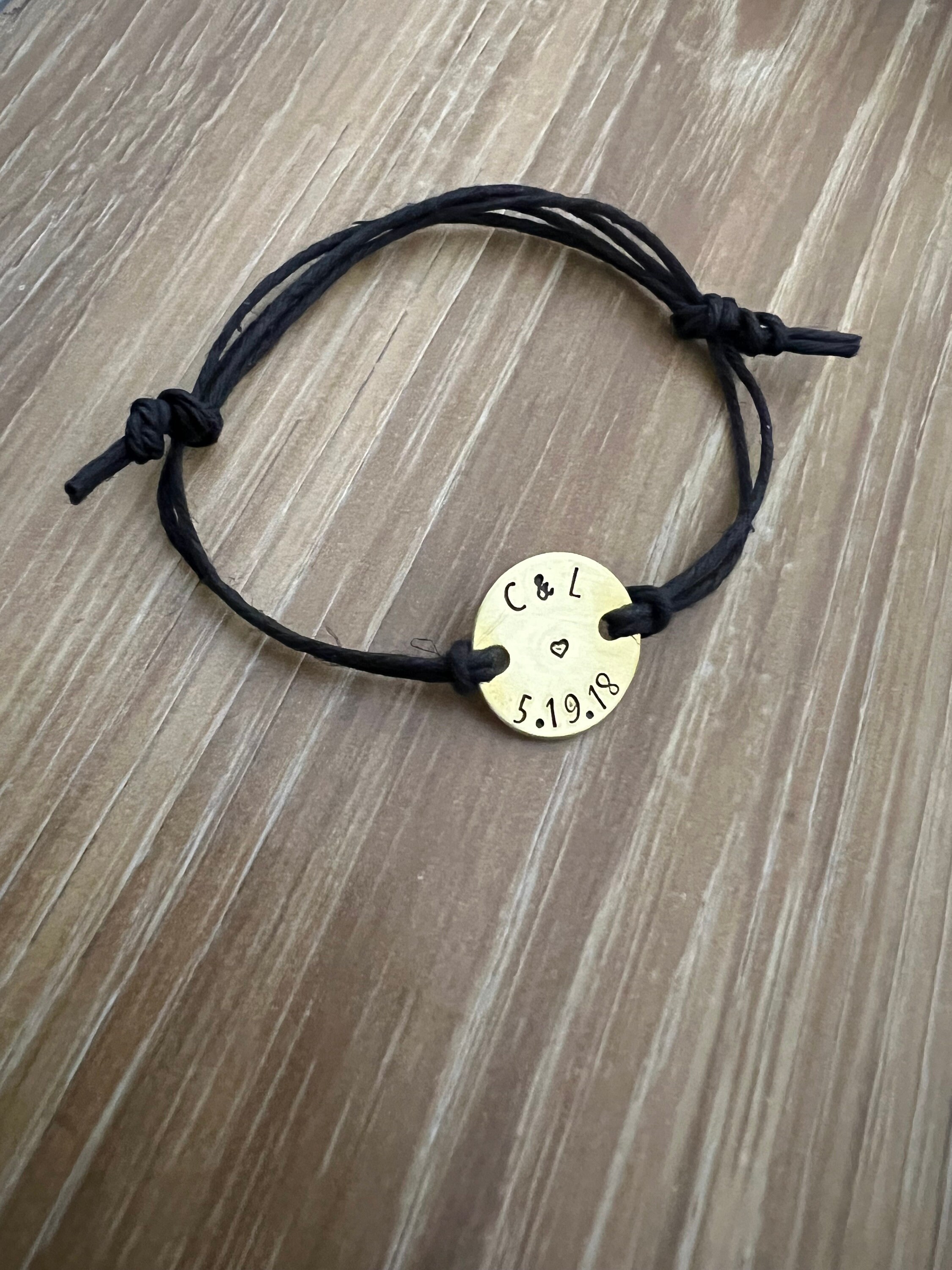 Personalized Anniversary Brass Disc Charm Hemp Bracelet (Pick your Phrase, Font, and Color)