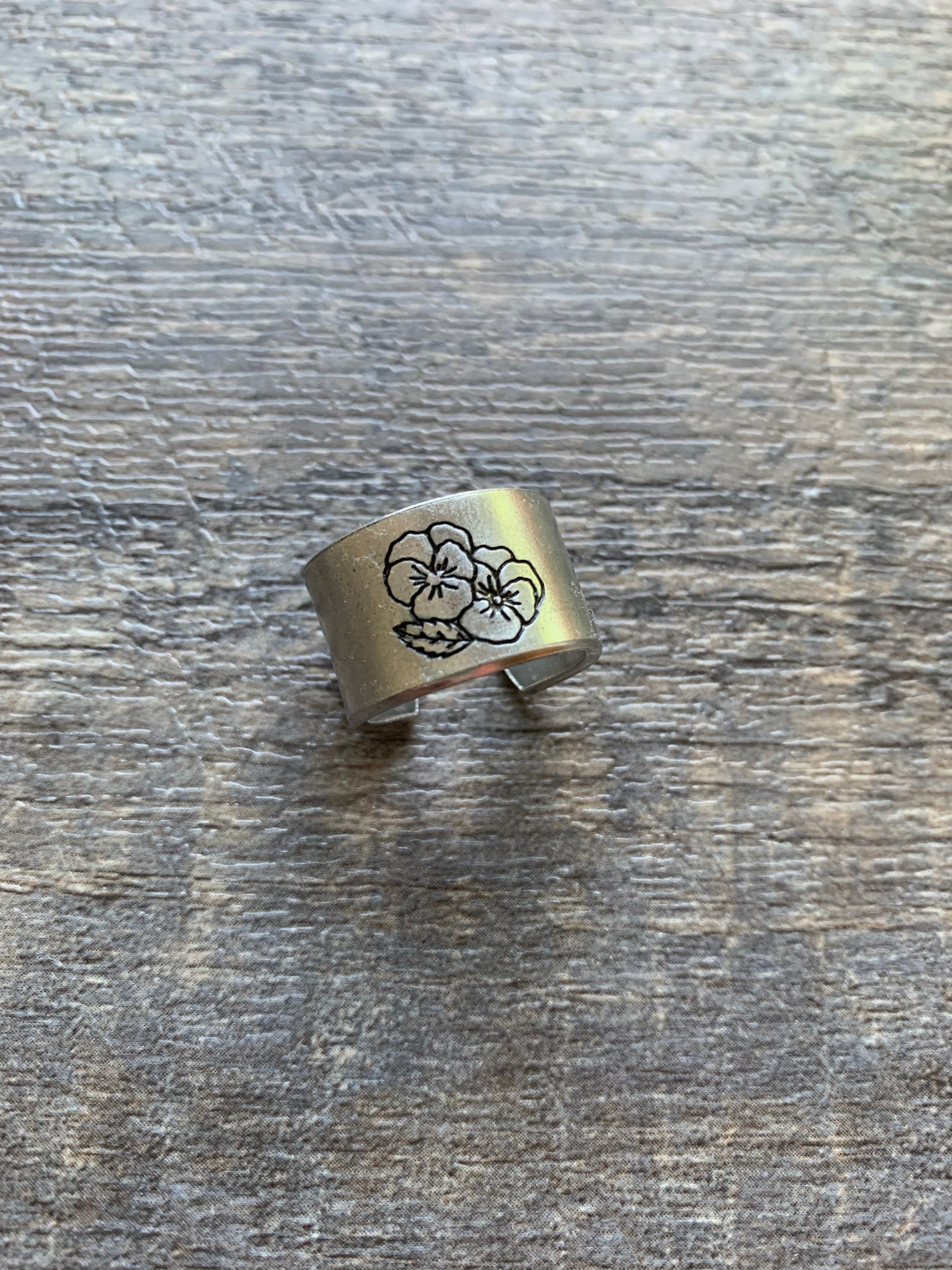 Birth Flower Hand Stamped Aluminum Ring, view 4