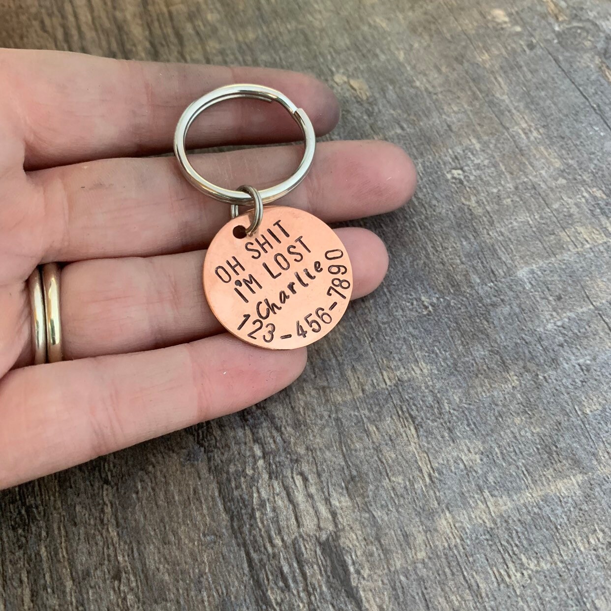 Hand Stamped Pet ID Tag: "Oh Sh*t I'm Lost" - Custom Aluminum, Brass, or Copper, view 3