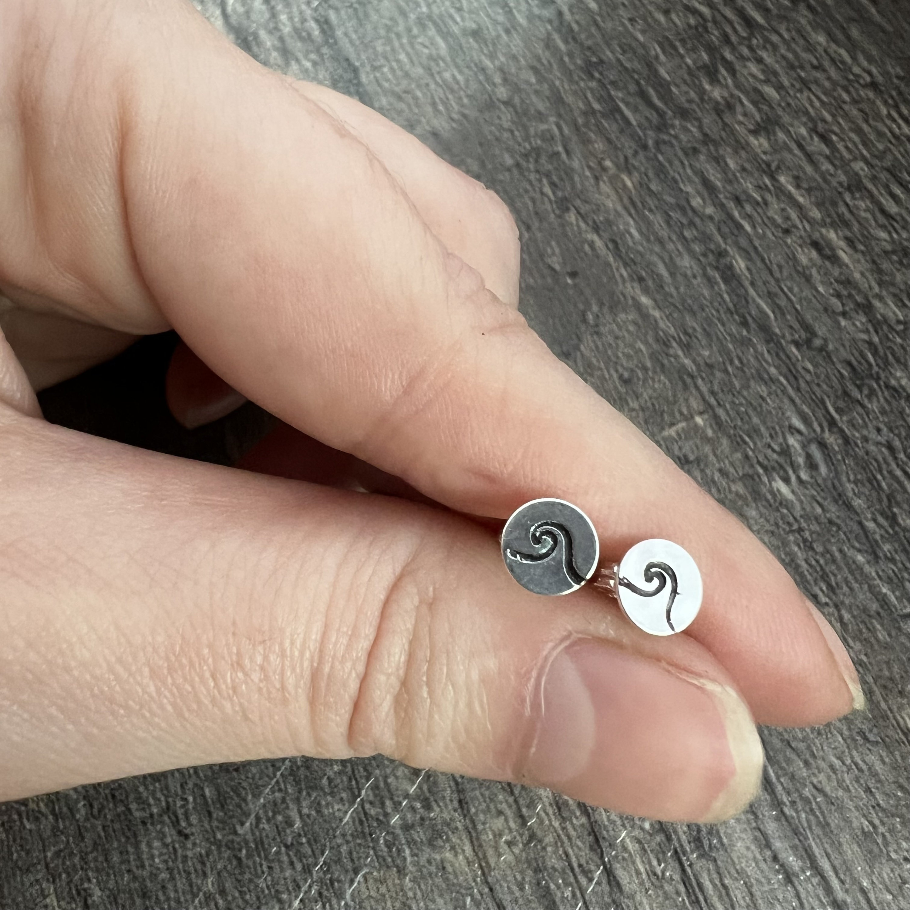 Ocean Wave Sterling Silver Stud Earrings - Hand Stamped Gift, view 3