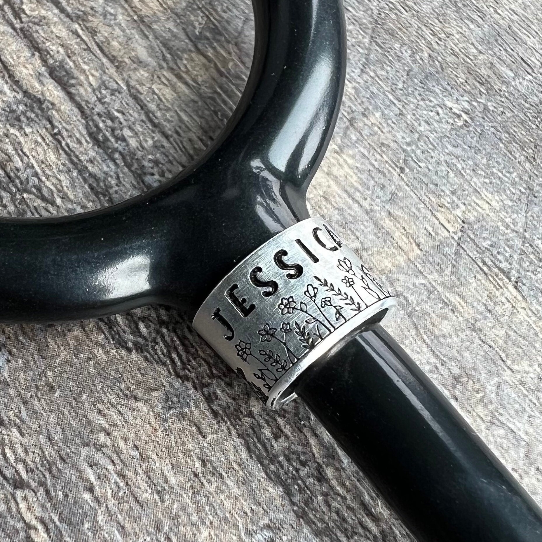 Hand Stamped Wild Flower Stethoscope ID Tag - Custom Name Nurse Gift