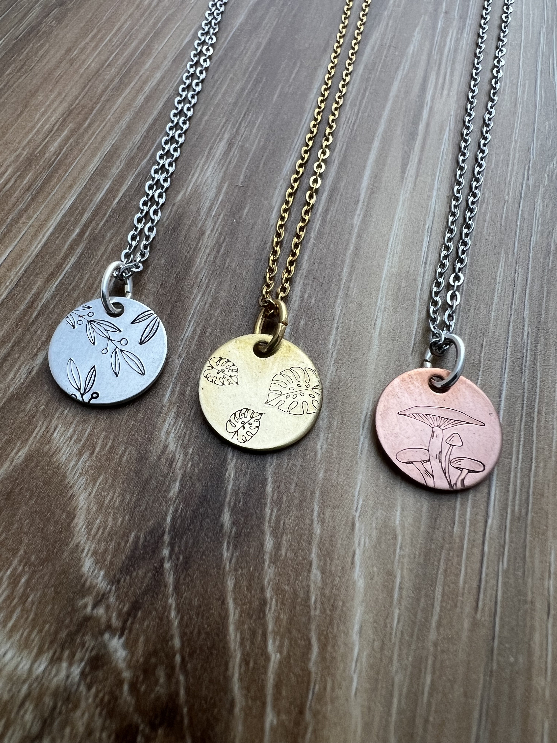 Hand Stamped Charm Necklace: Foliage, Mushroom, Monstera Leaf