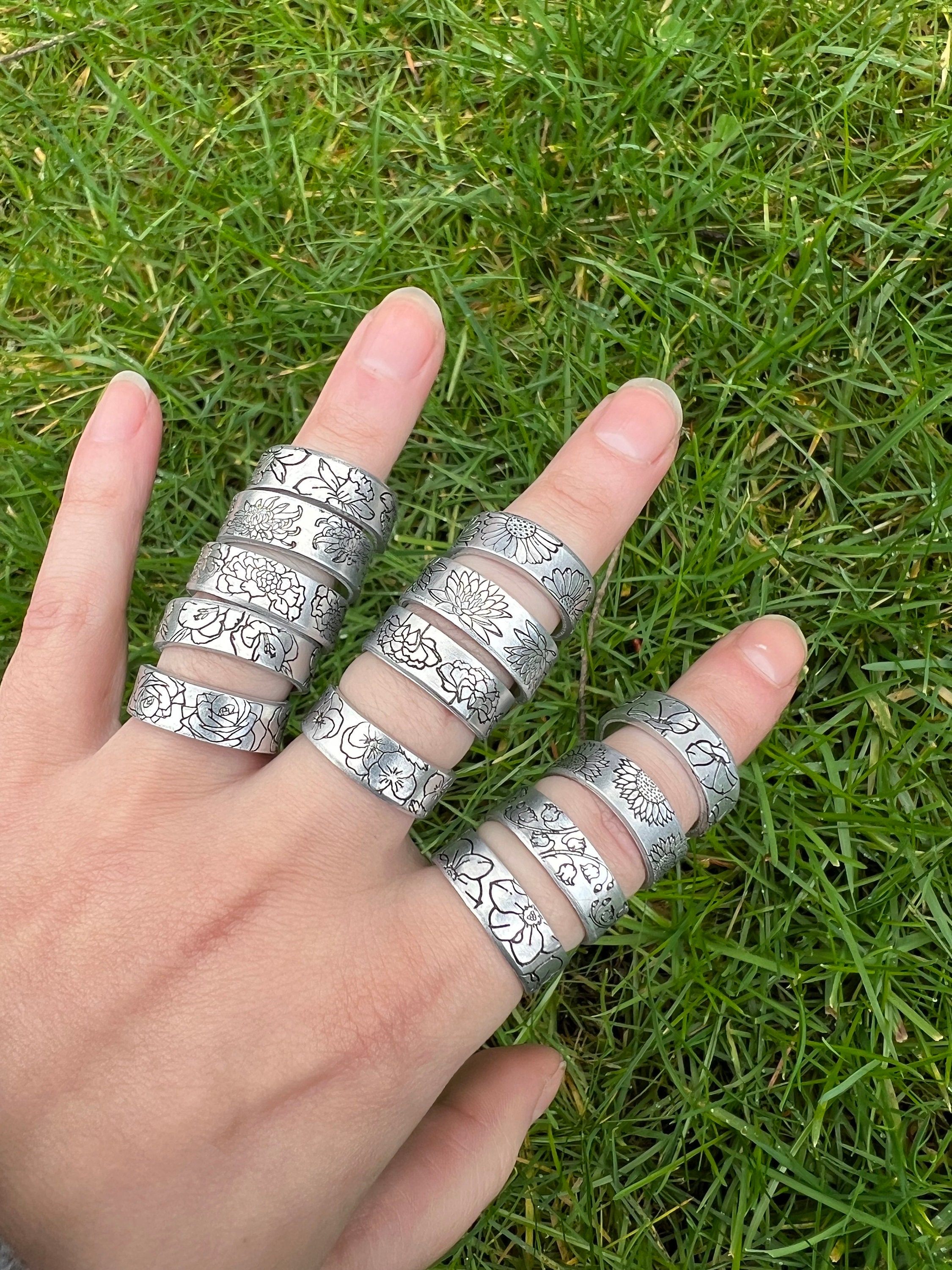 Hand Stamped Aluminum Birth Flower Ring: Wildflower Jewelry, view 3