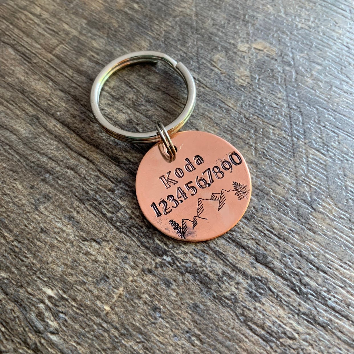Hand Stamped Pet ID Tag: Mountains and Forest, Custom Aluminum Brass Copper