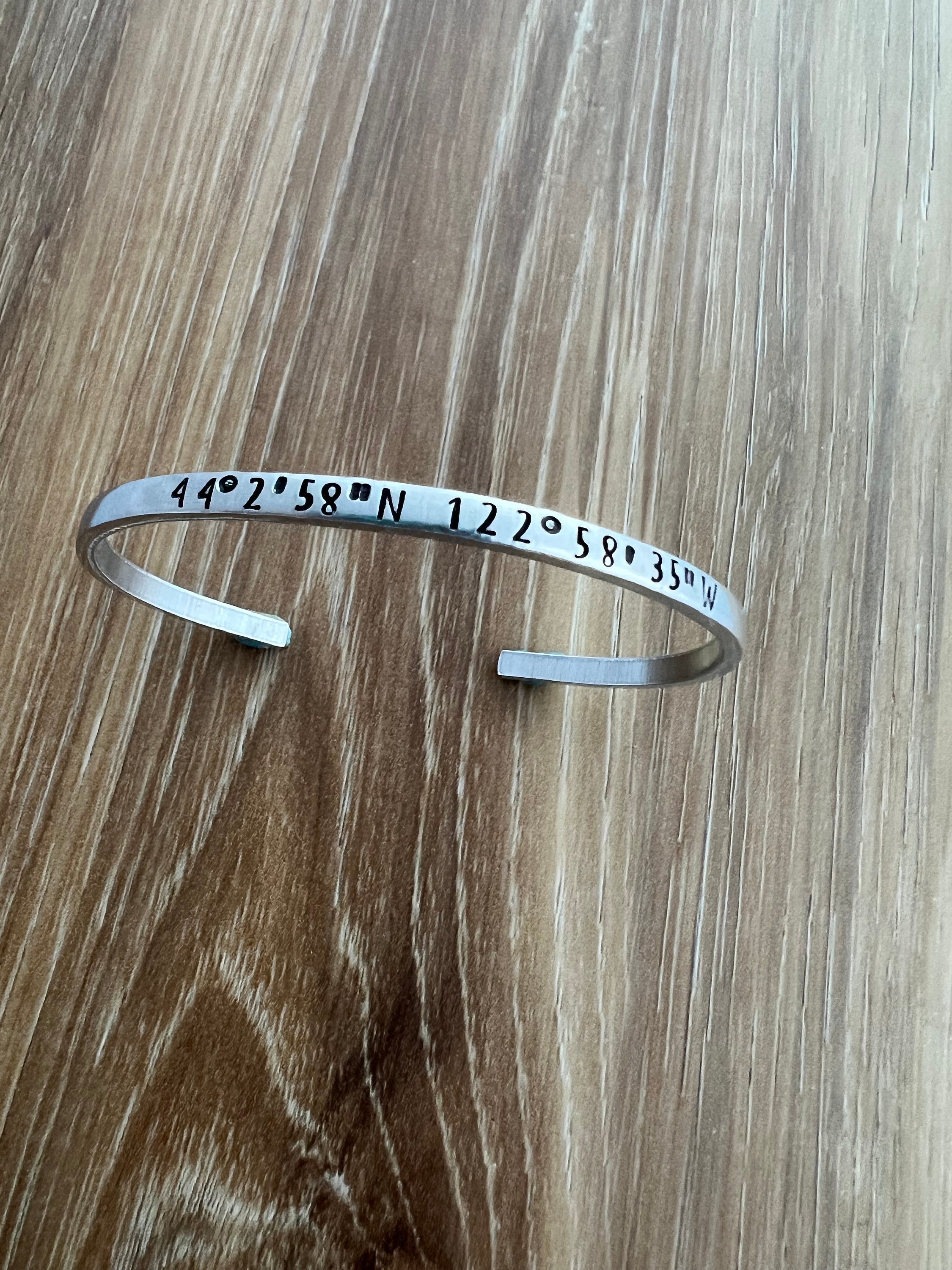 Custom Coordinates Hand Stamped Bracelet Aluminum Bangle- Skinny Minimalist Bracelet, view 2