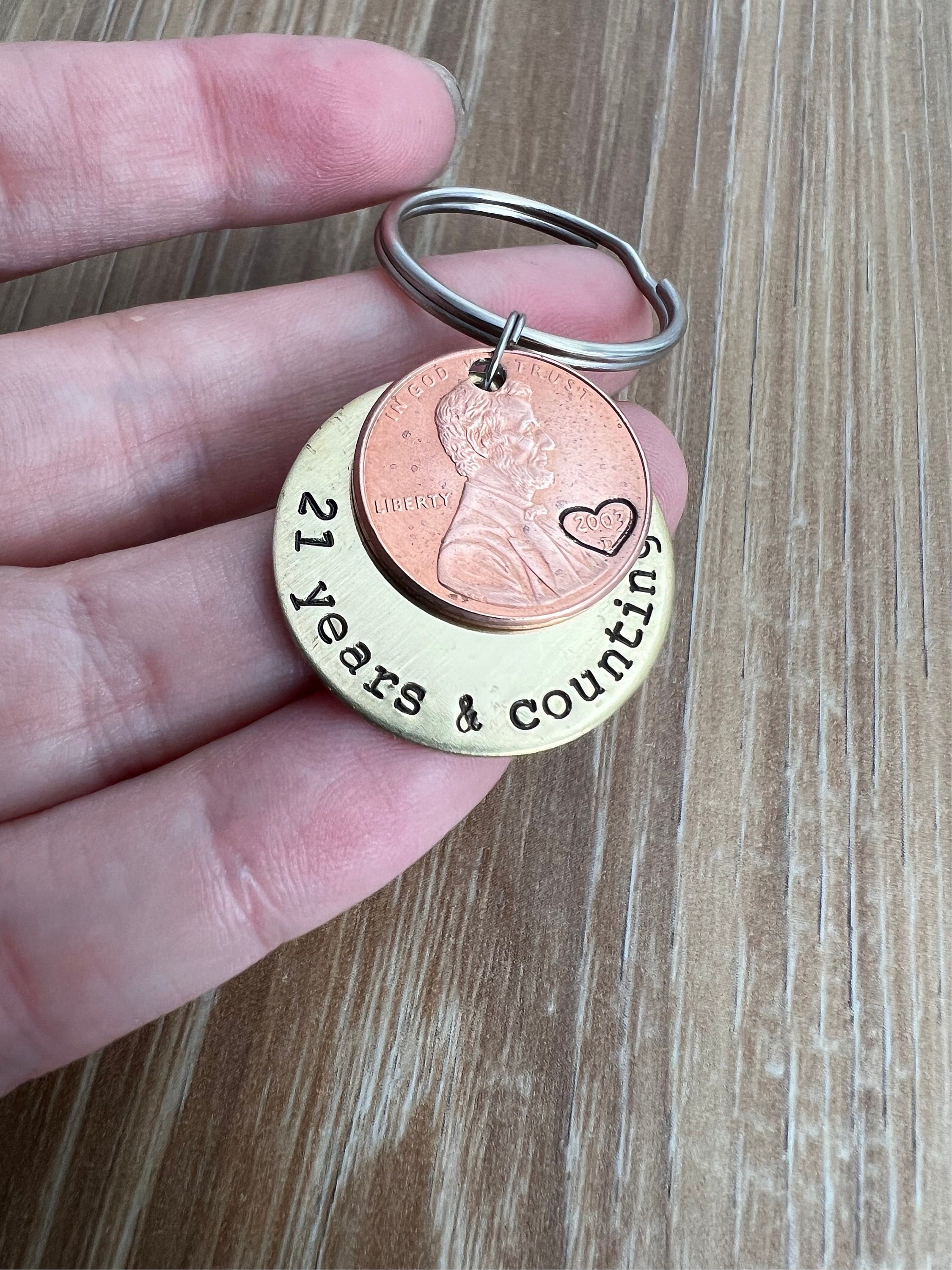 Hand Stamped Anniversary Penny Keychain: Personalized Brass Couples Gift, view 4