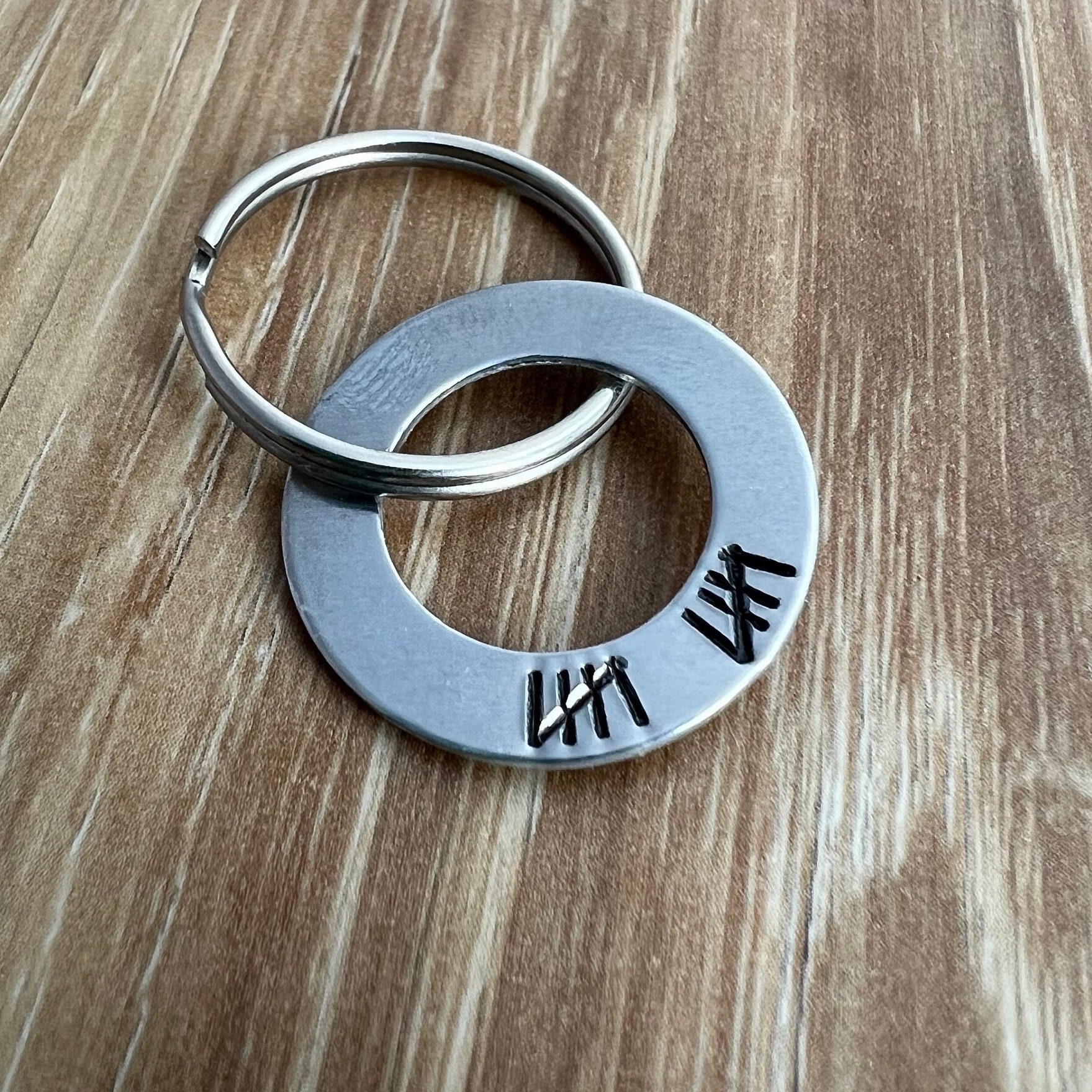 Tally Mark Keychain for 10 Year Anniversary- Hand Stamped Aluminum Washer Keychain 10th Anniversary Gift for Him, view 2