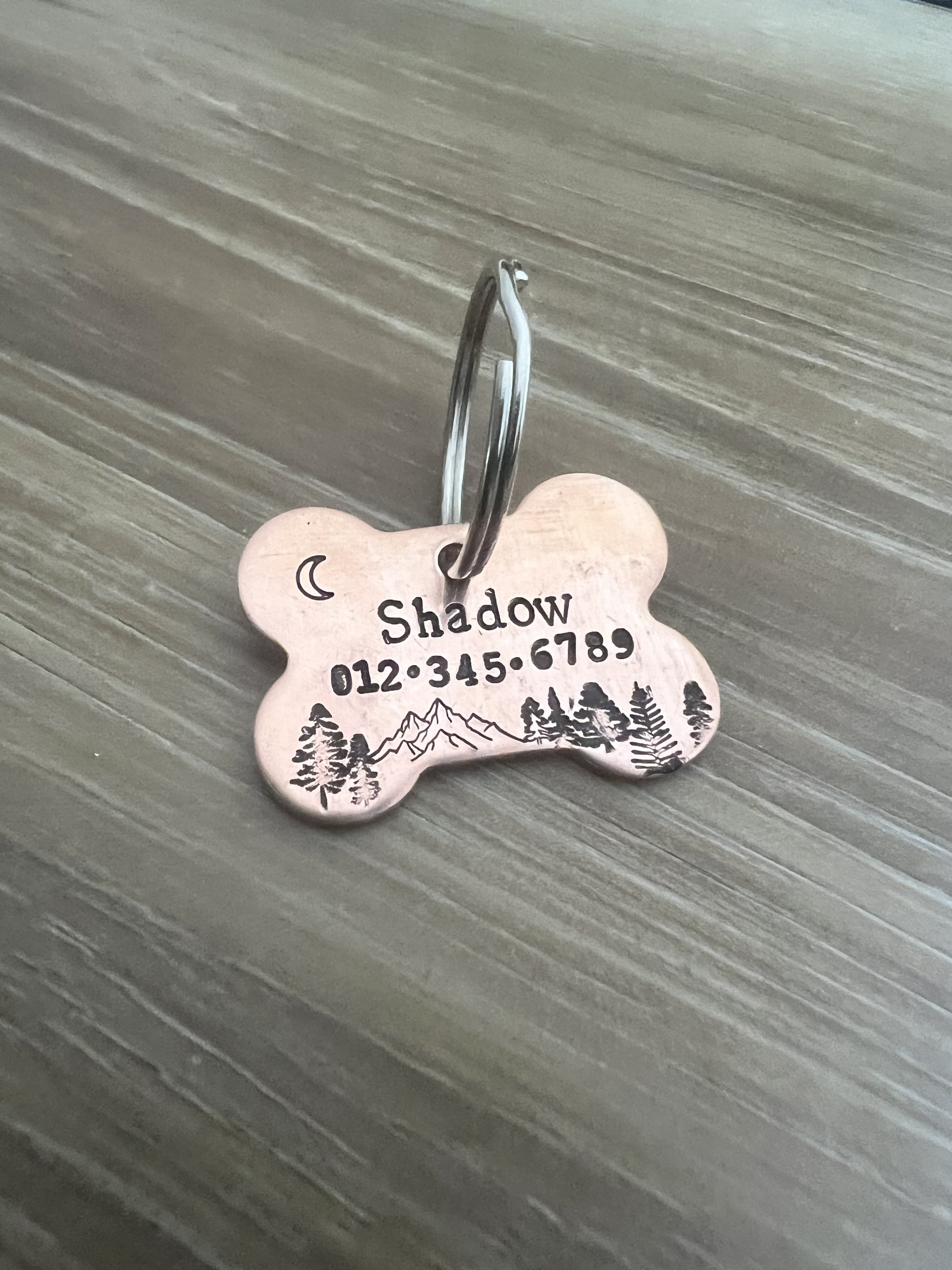 Custom Mountain and Forest Design Brass or Copper Dog Bone Pet ID Tag, view 3