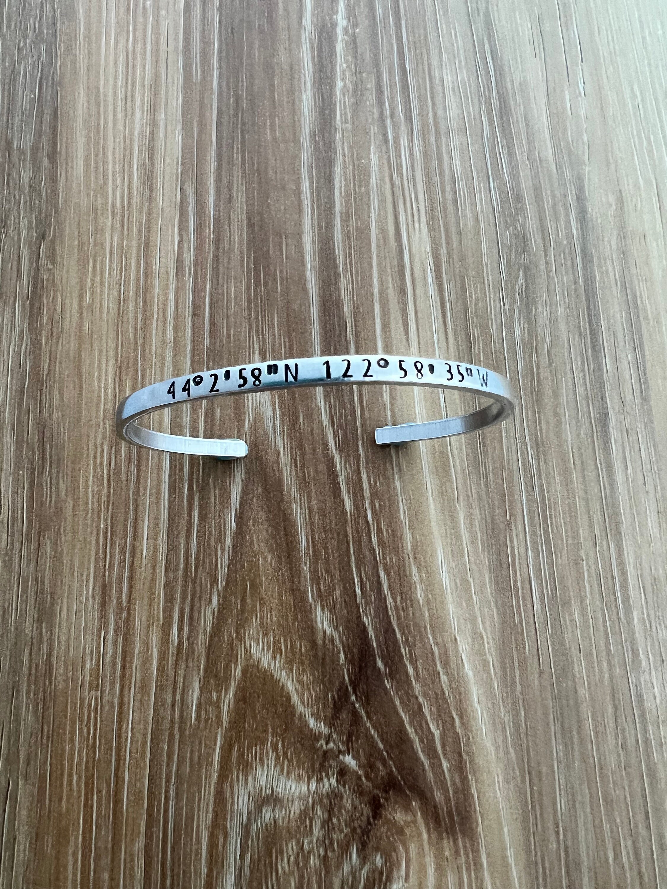 Custom Coordinates Hand Stamped Bracelet Aluminum Bangle- Skinny Minimalist Bracelet, view 3