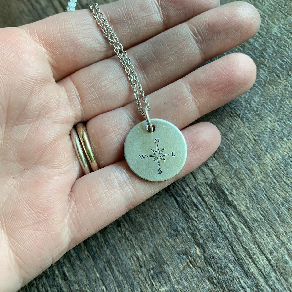 Hand Stamped Compass Rose Necklace: Brass, Copper, or Aluminum Charm, view 2