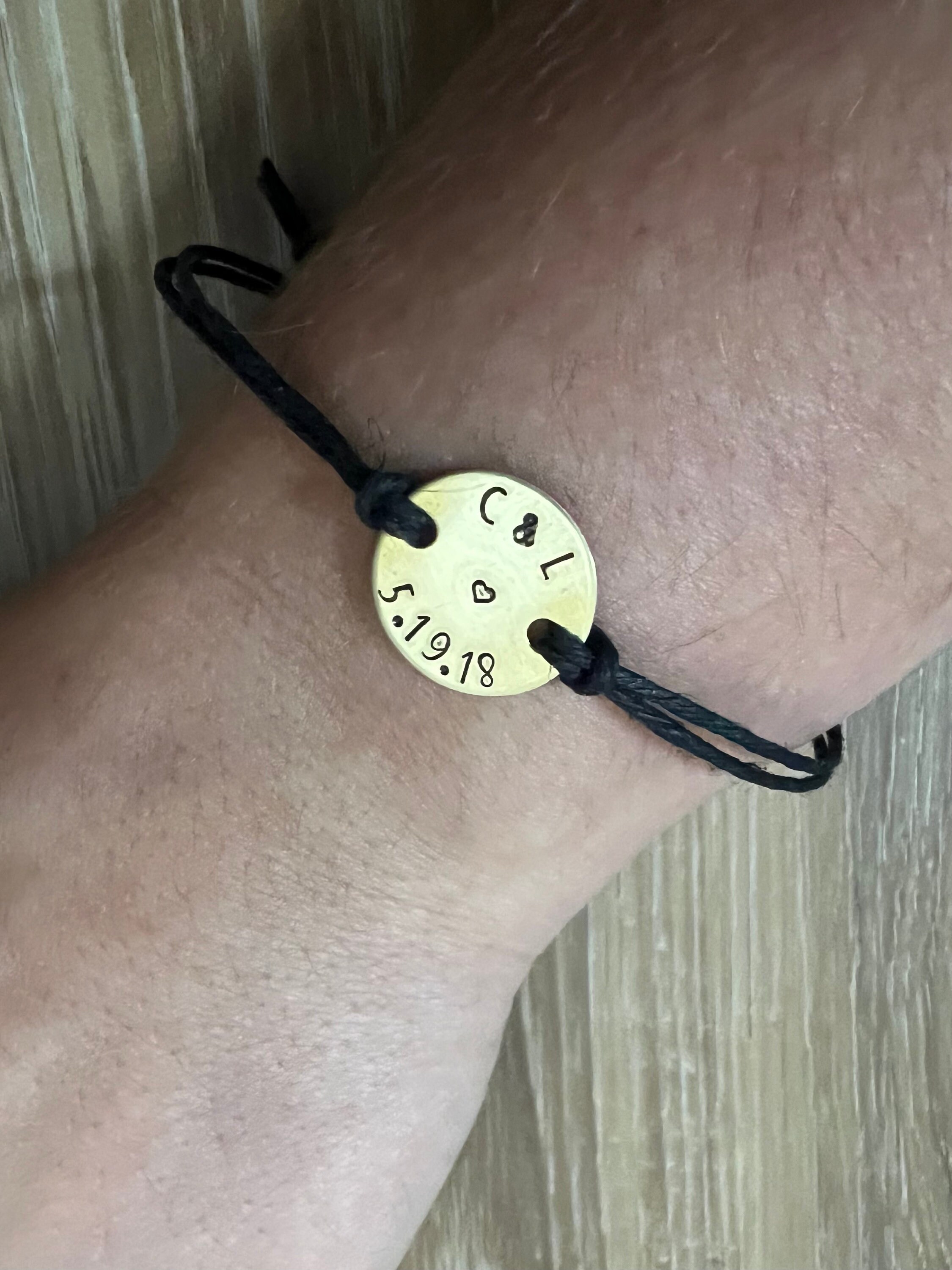 Personalized Anniversary Brass Disc Charm Hemp Bracelet (Pick your Phrase, Font, and Color), view 2