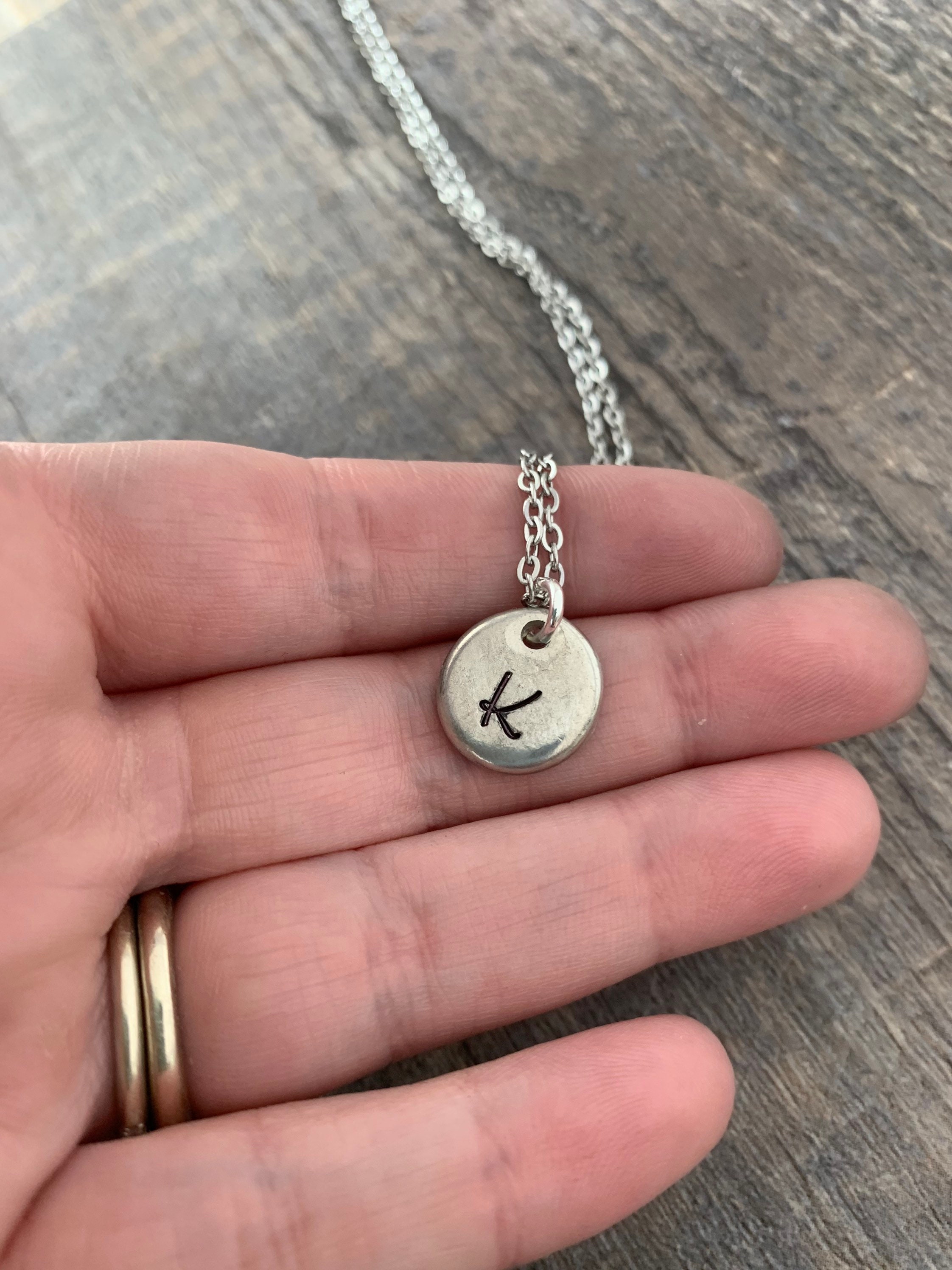 Custom Hand Stamped Pewter 1/2 inch Circle Necklace- Choose Your Phrase, and Chain, view 2