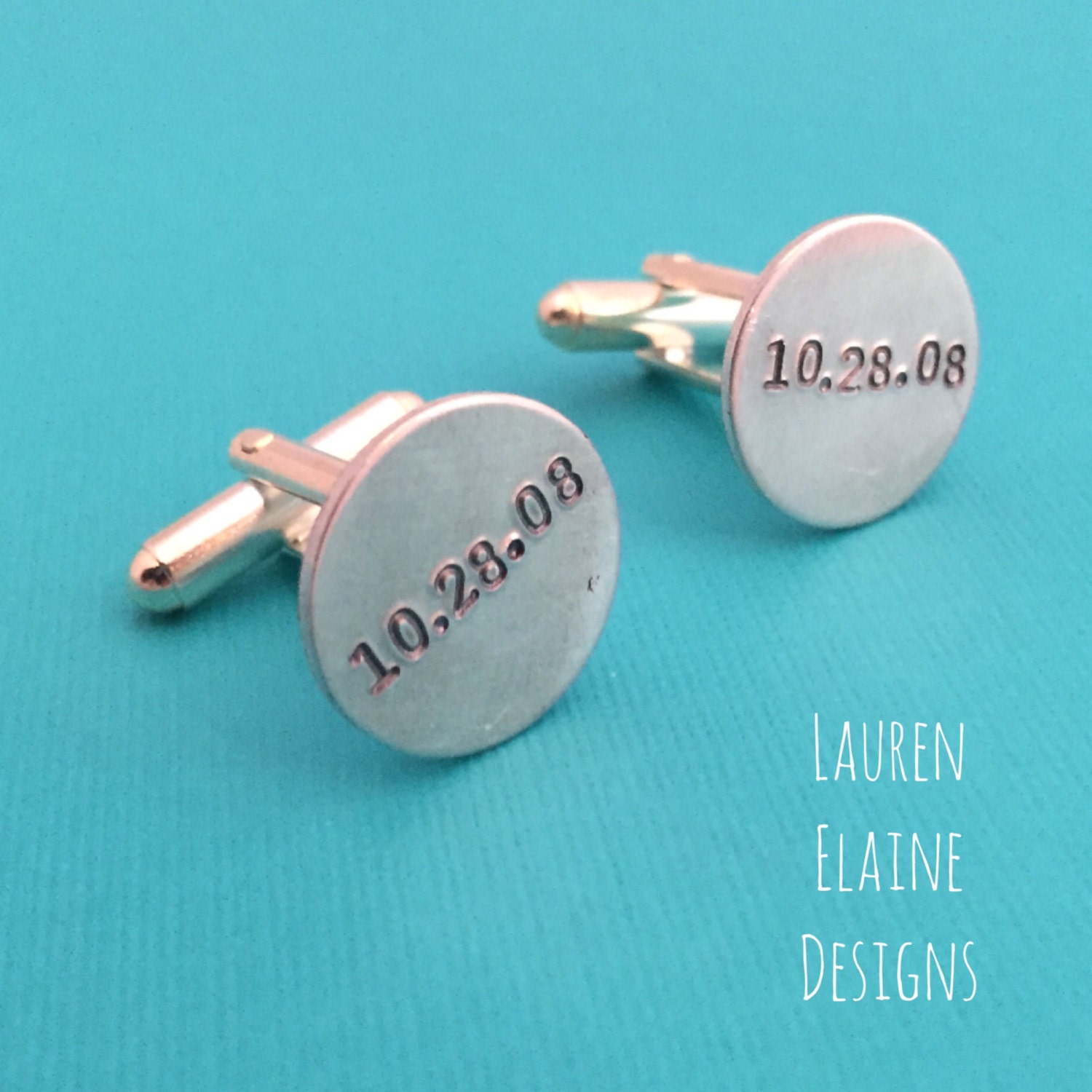 Custom Hand Stamped Aluminum Circle Cuff Links- You Customize- Initials, Date, Coordinates- Wedding Gift, Groomsman Gift, Gifts for Him, view 2