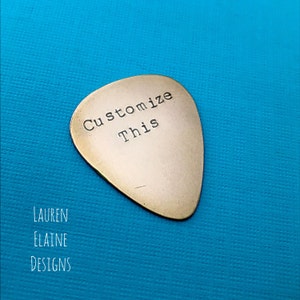 Custom Hand Stamped Brass Guitar Pick Pick Your Own Phrase and Font image 2