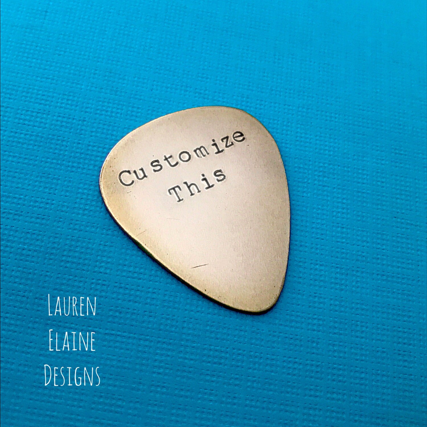 Custom Hand Stamped Brass Guitar Pick- Pick Your Own Phrase and Font, view 2