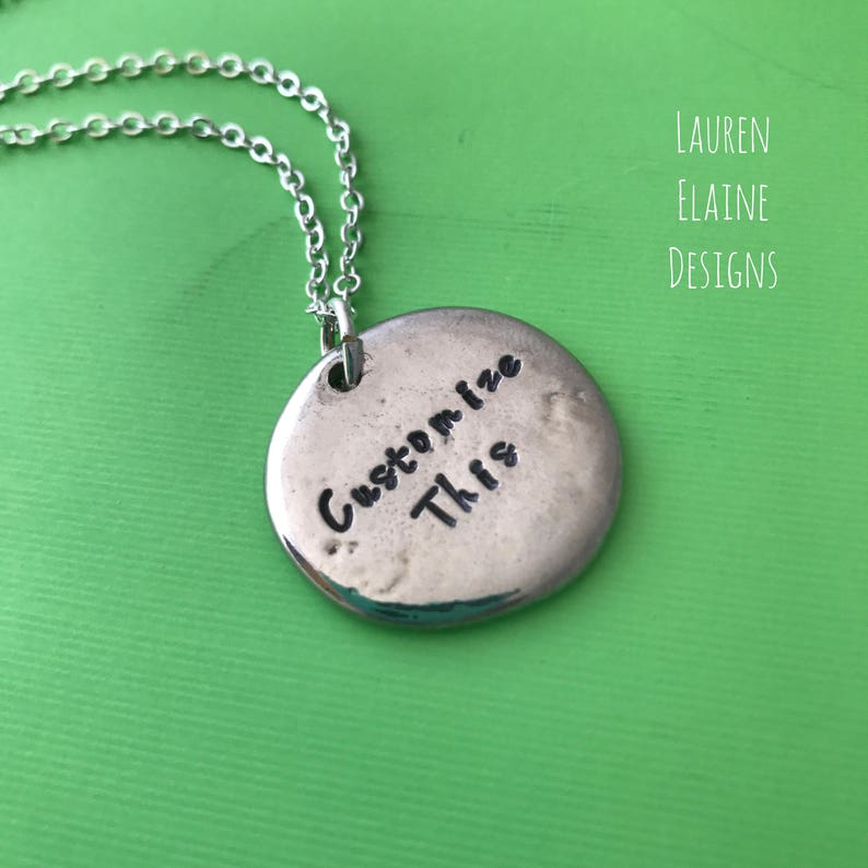 Custom Hand Stamped Pewter 1 inch Circle Necklace Choose Your Phrase, and Chain 画像 2