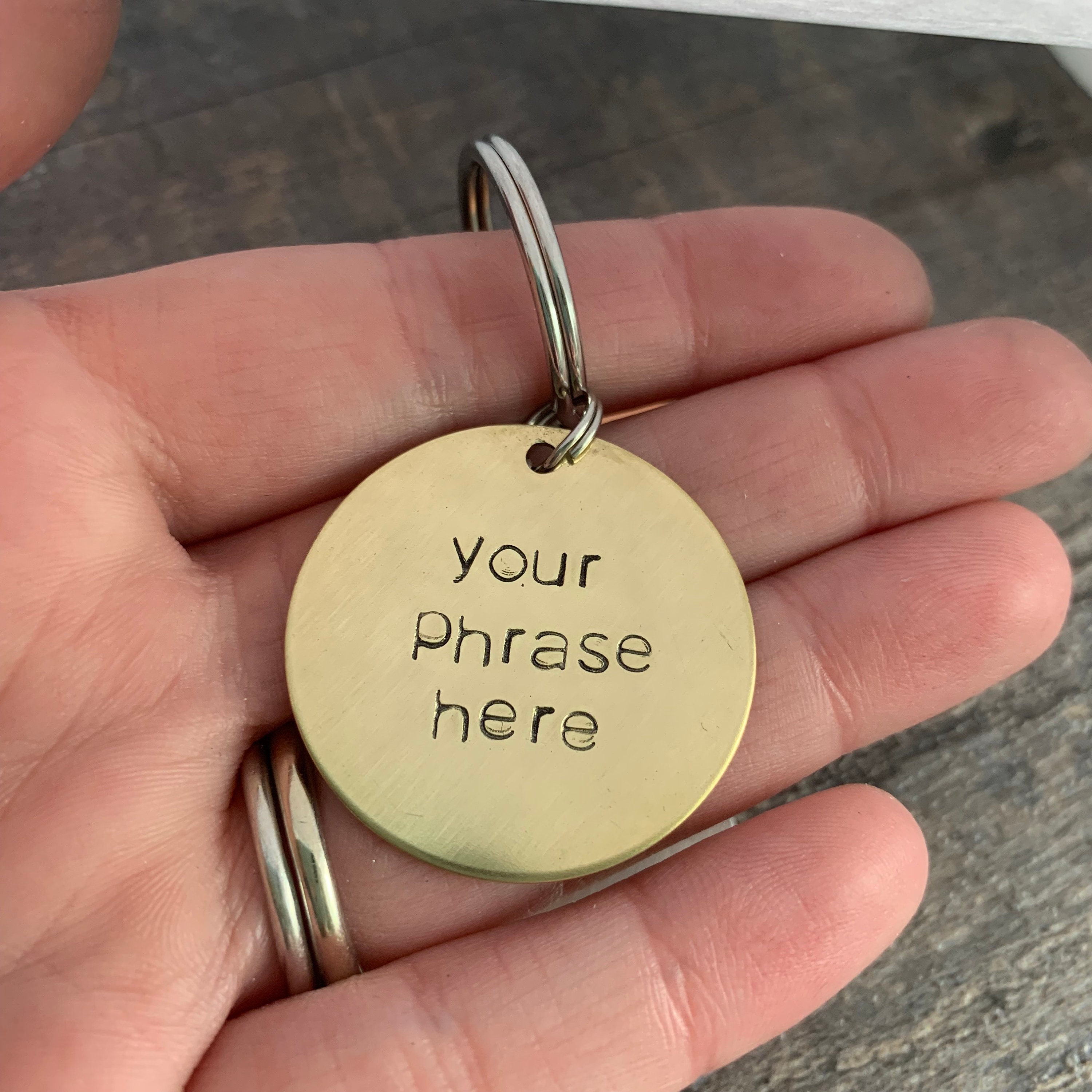 Custom Hand Stamped 1.25" Circle Keychains- You Personalize- In Aluminum, Brass, or Copper, view 2