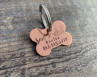 Custom Hand Stamped Mountain and Forest Copper Dog Bone Pet ID Tag
