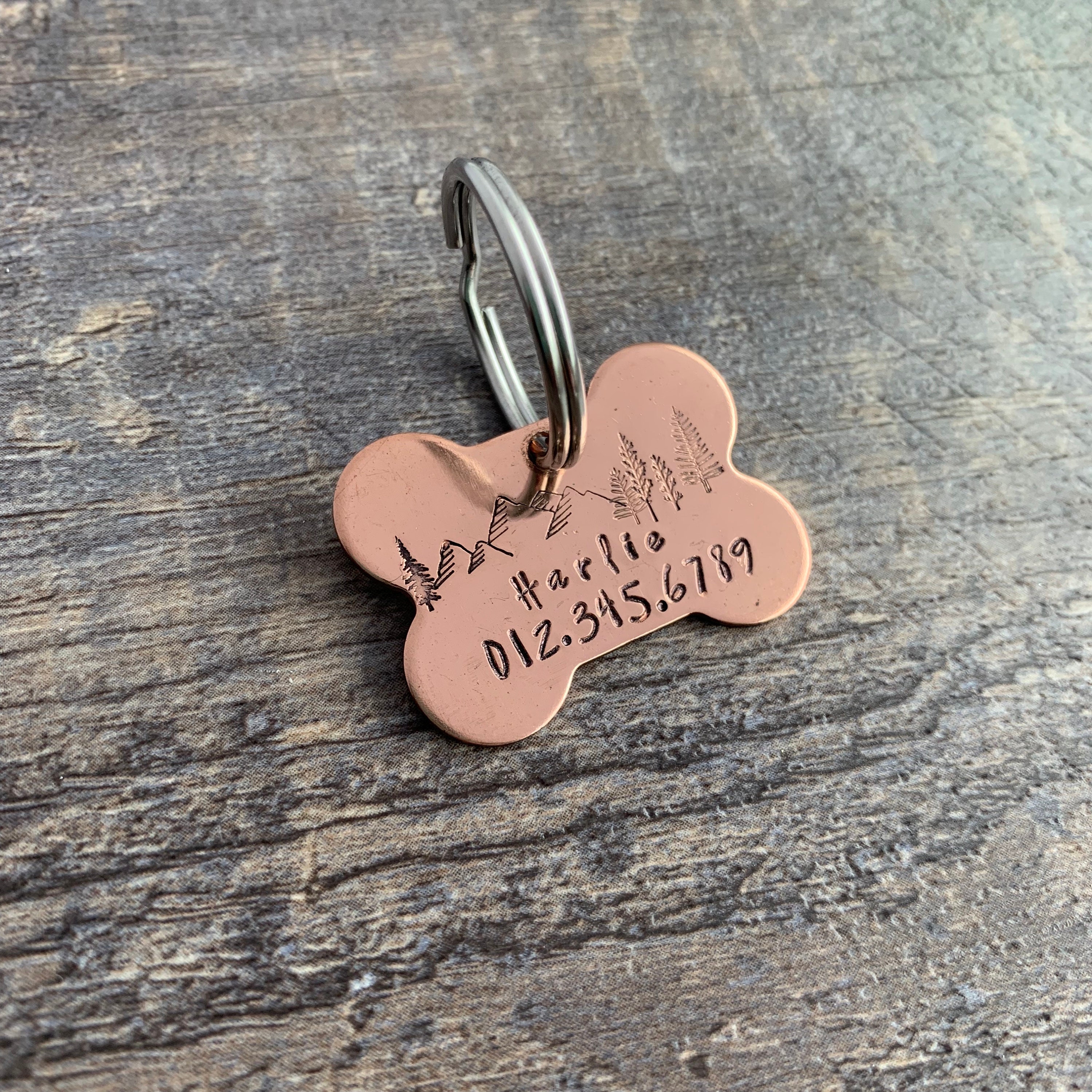 Custom Hand Stamped Mountain and Forest Copper Dog Bone Pet ID Tag