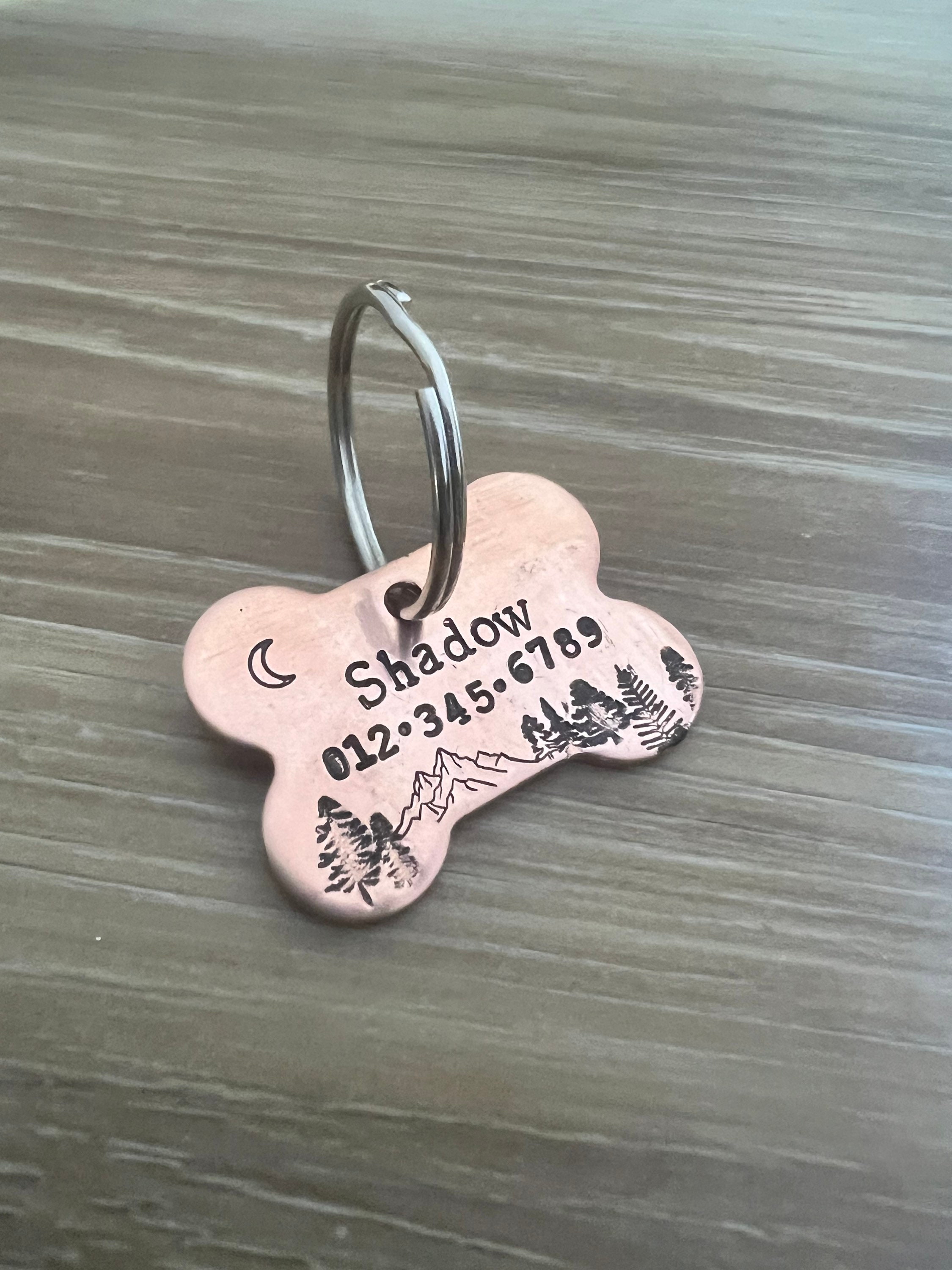 Custom Mountain and Forest Design Brass or Copper Dog Bone Pet ID Tag, view 4