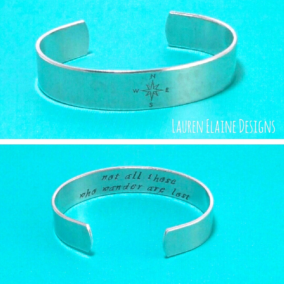 Hand Stamped Compass Bracelet: Tolkien Quote, Hidden Message, view 2