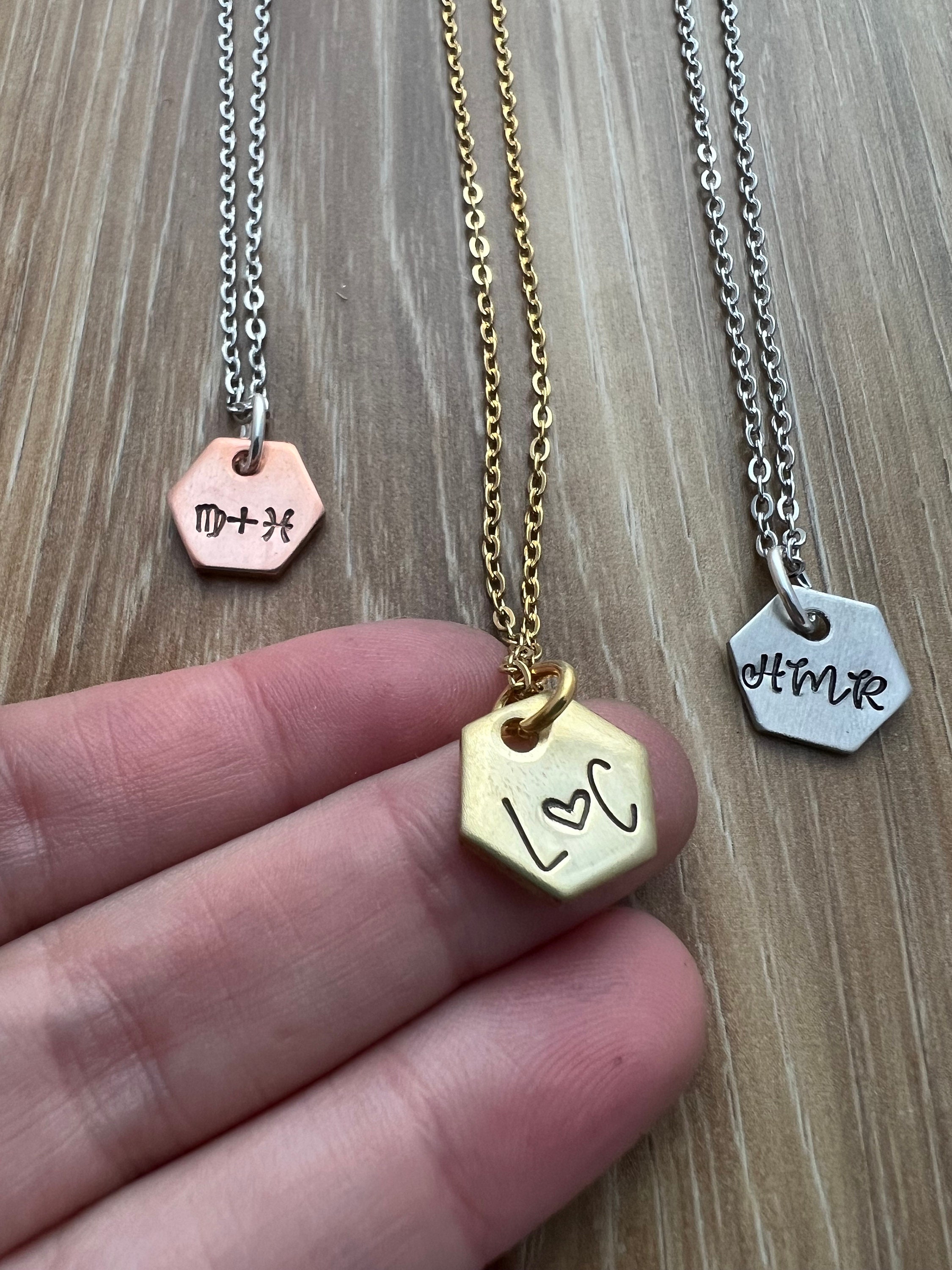 Custom Hand Stamped Hexagon Necklace: Personalized Initial Charm, view 3