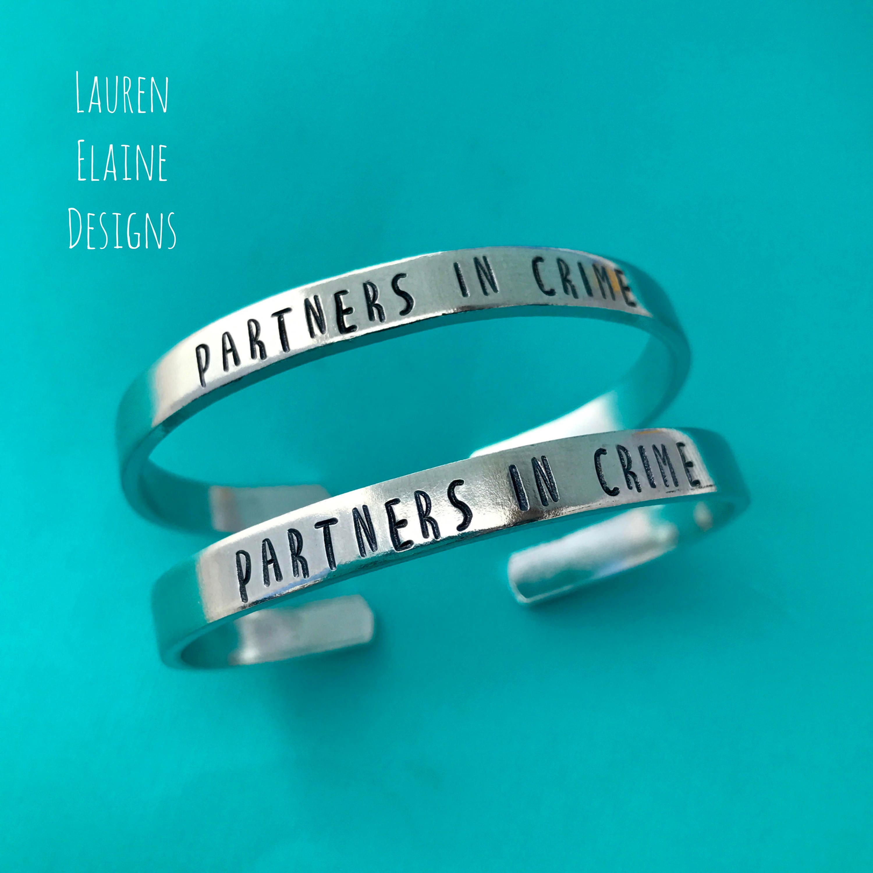 Partners in Crime Bracelet Set- Hand Stamped Best Friend Cuff Bracelets- In Aluminum, Copper, Brass, Sterling Silver, view 2
