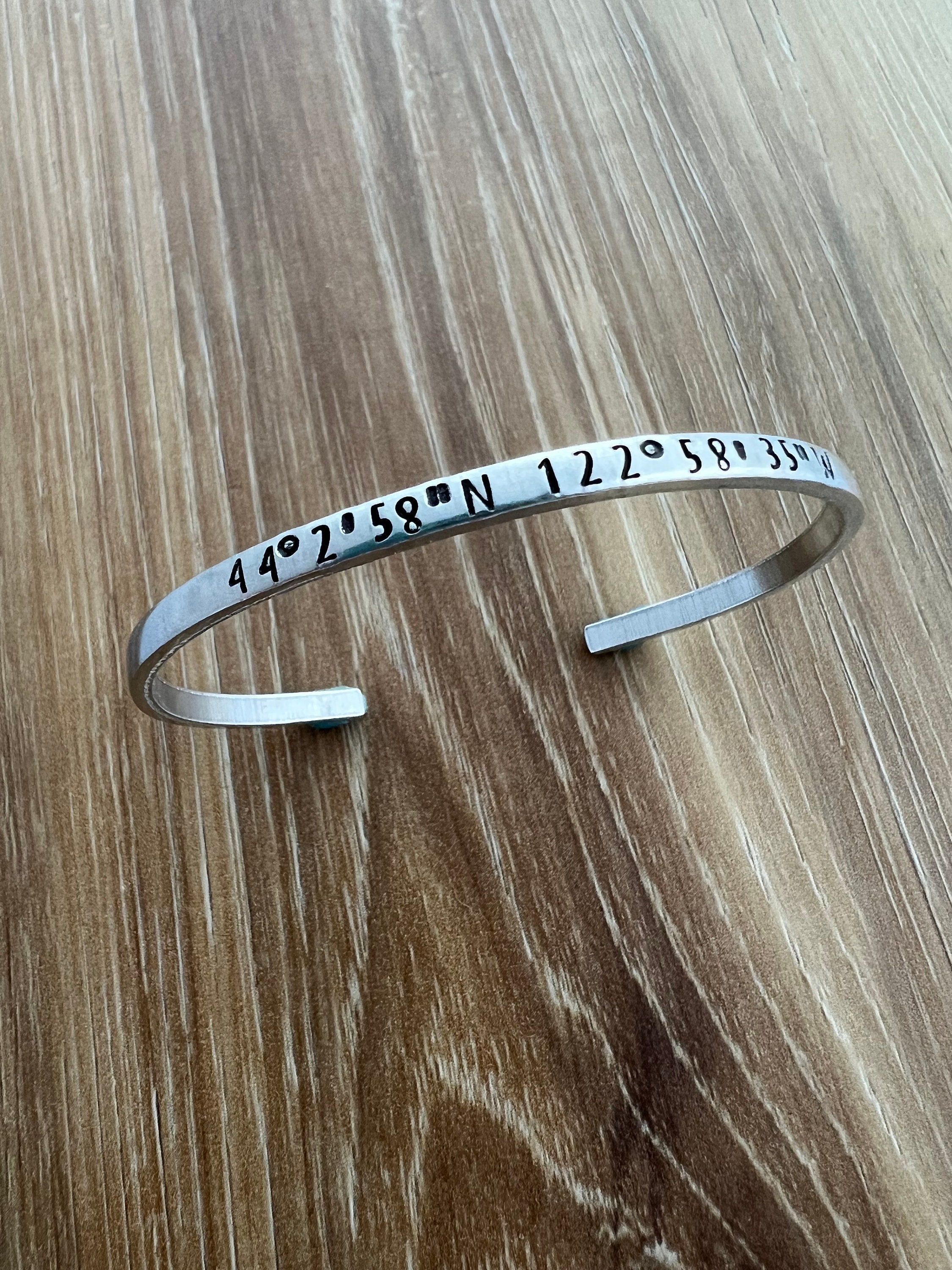 Custom Coordinates Hand Stamped Bracelet Aluminum Bangle- Skinny Minimalist Bracelet