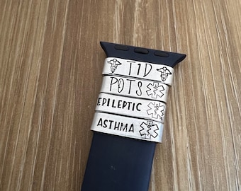 Hand Stamped Medical ID Watch Band Charm: Aluminum Medical Alert Tag