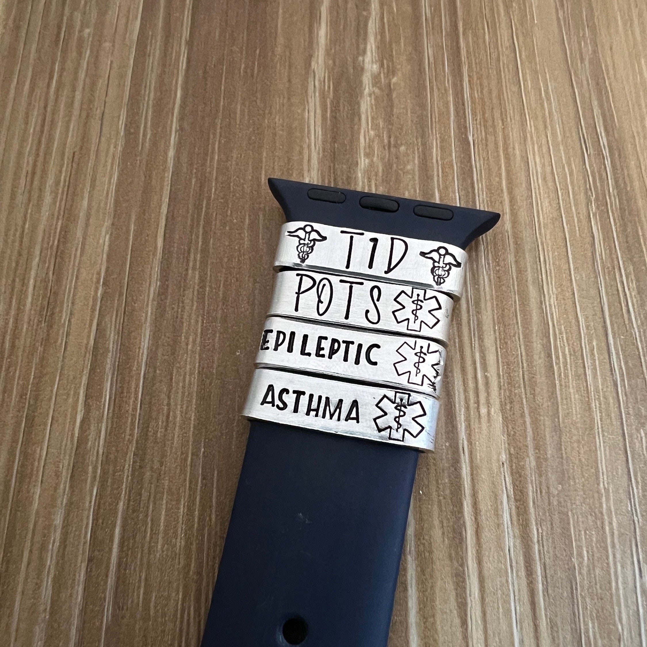 Hand Stamped Medical ID Watch Band Charm: Aluminum Medical Alert Tag